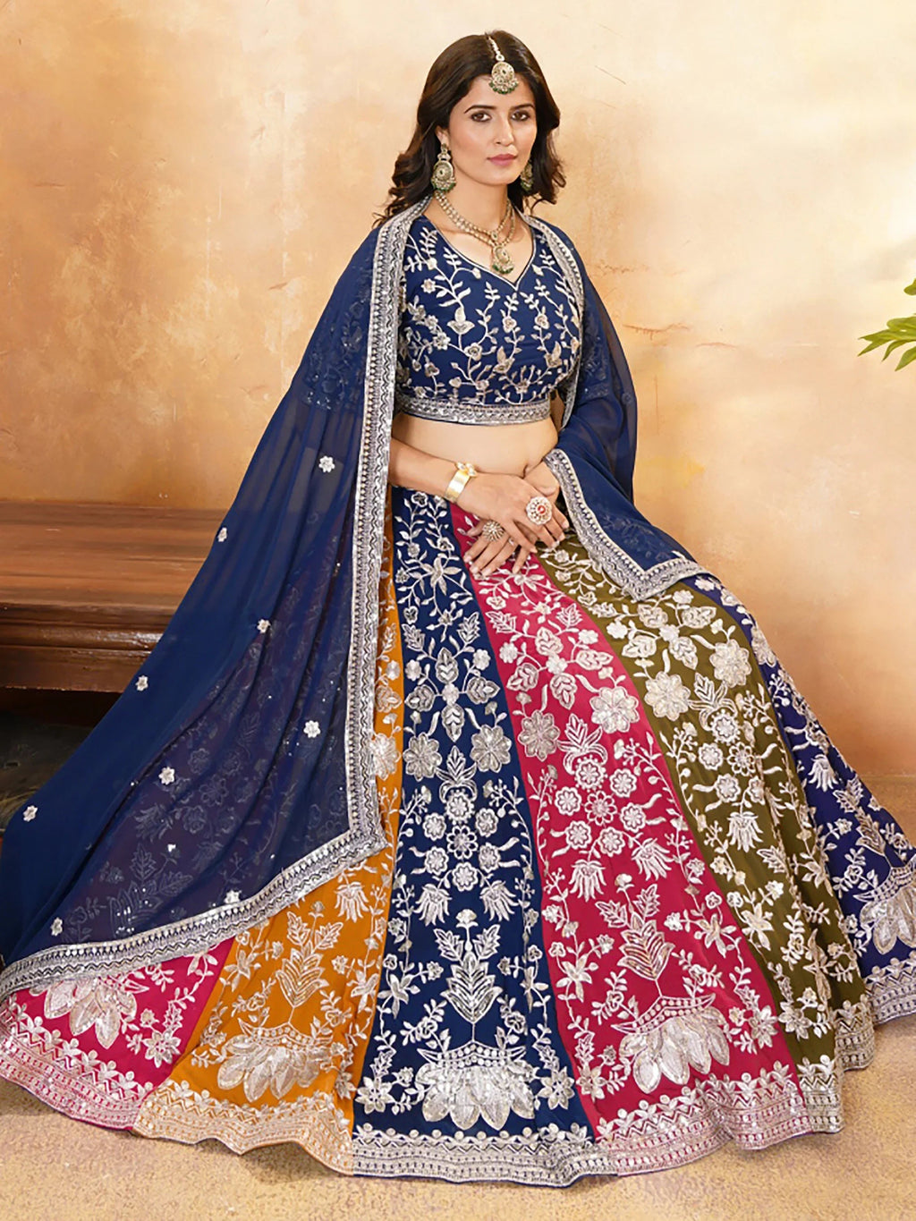 Pretty Multi-Color Thread Embroidered Georgette Wedding Lehenga Choli