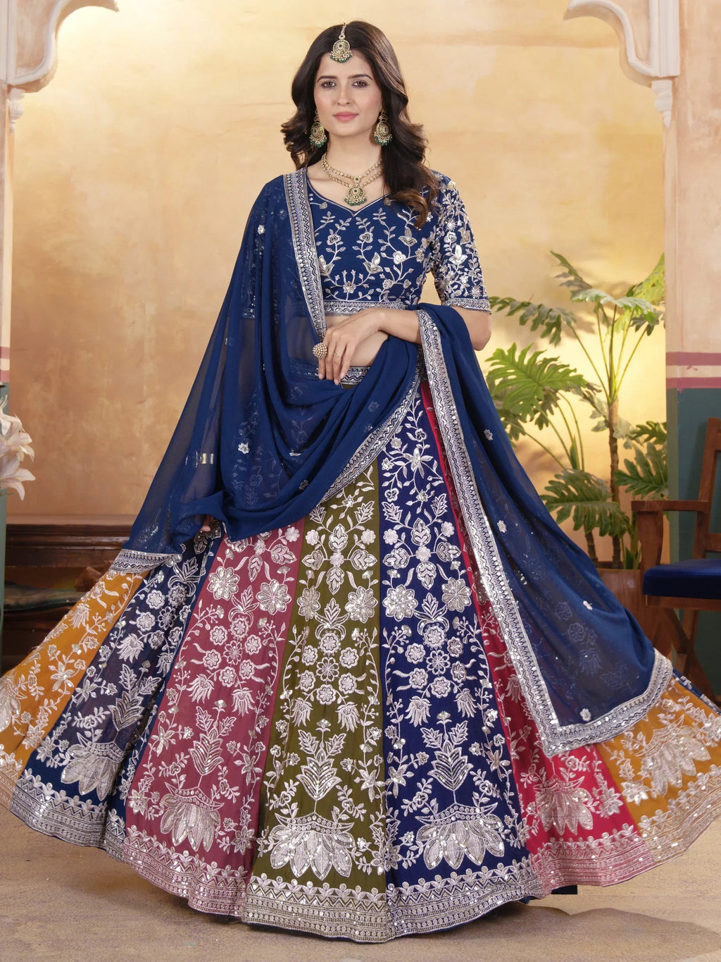 Pretty Multi-Color Thread Embroidered Georgette Wedding Lehenga Choli