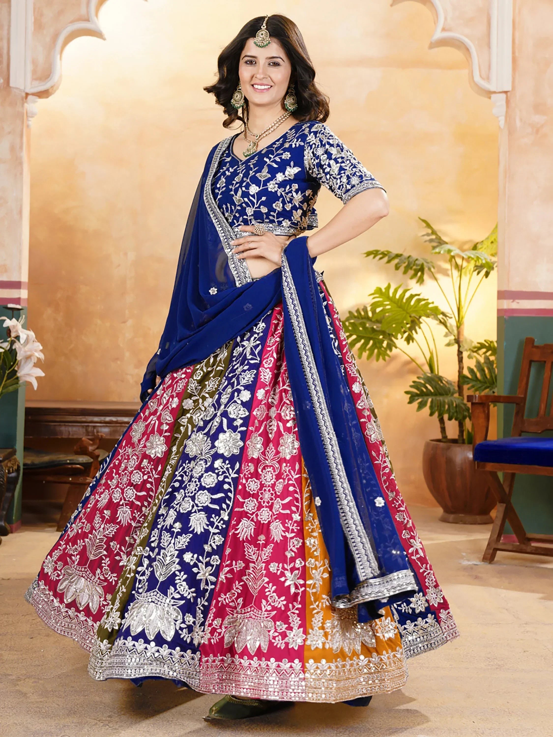 Pretty Multi-Color Thread Embroidered Georgette Wedding Lehenga Choli