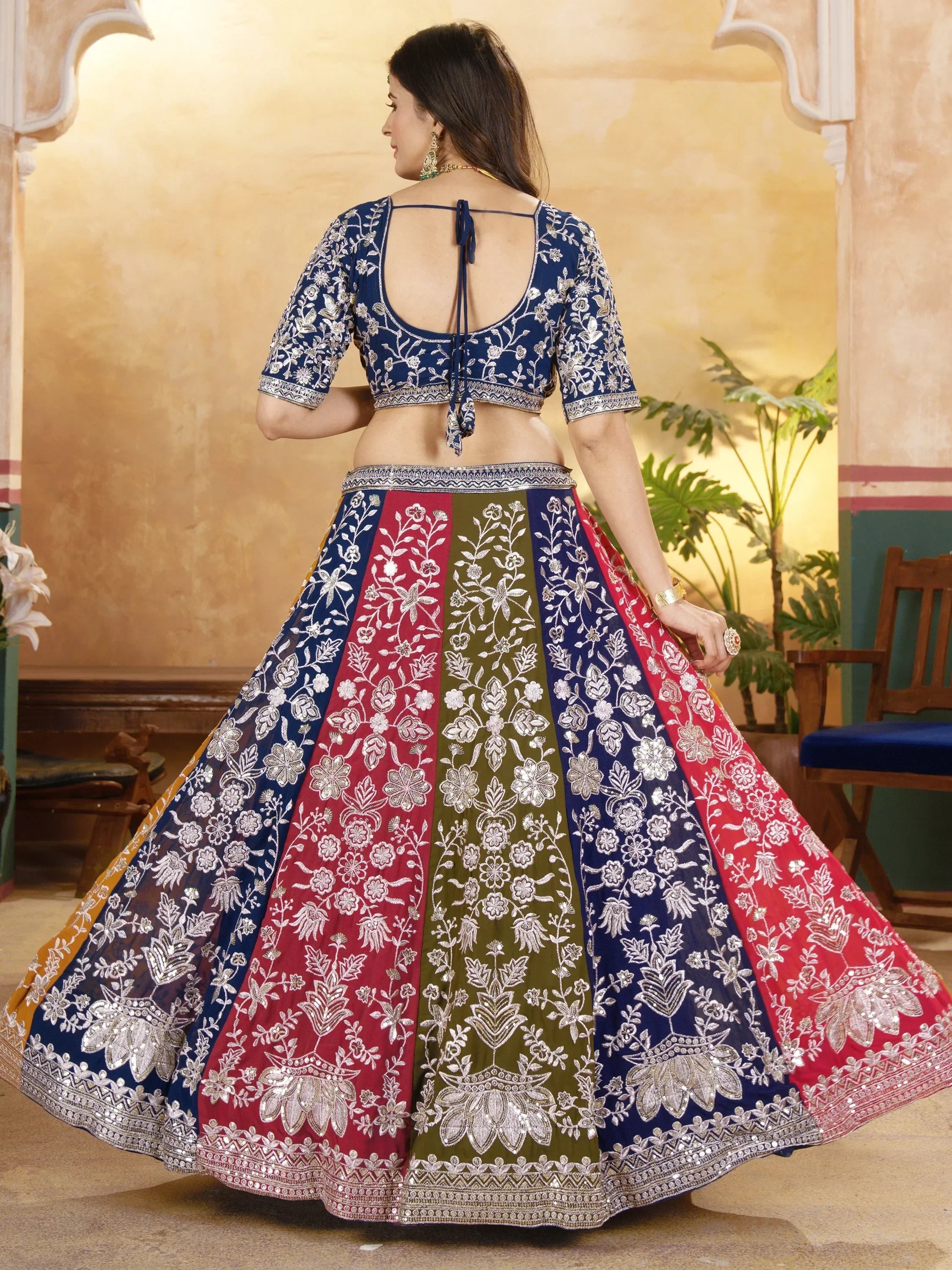 Pretty Multi-Color Thread Embroidered Georgette Wedding Lehenga Choli