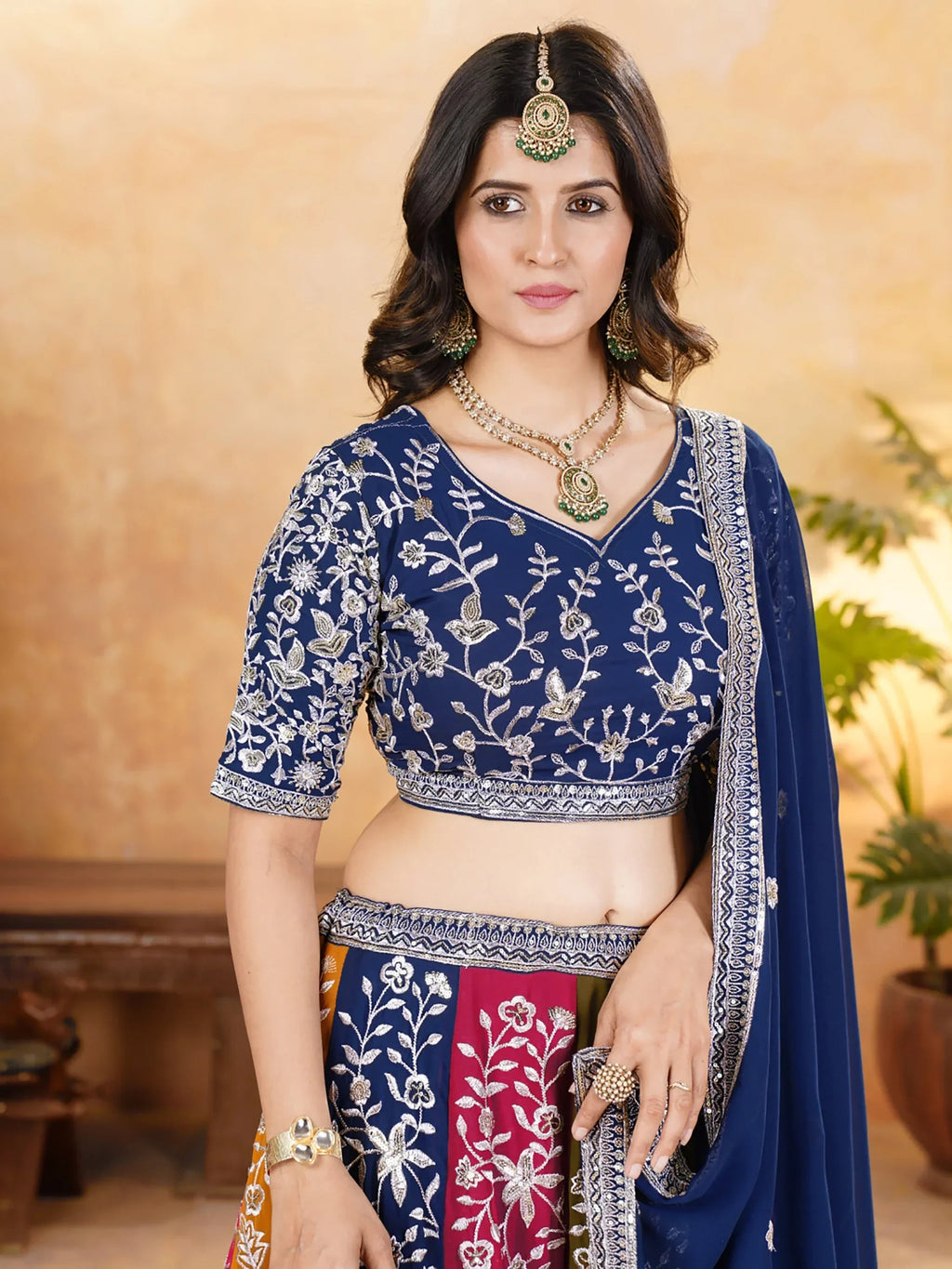 Pretty Multi-Color Thread Embroidered Georgette Wedding Lehenga Choli