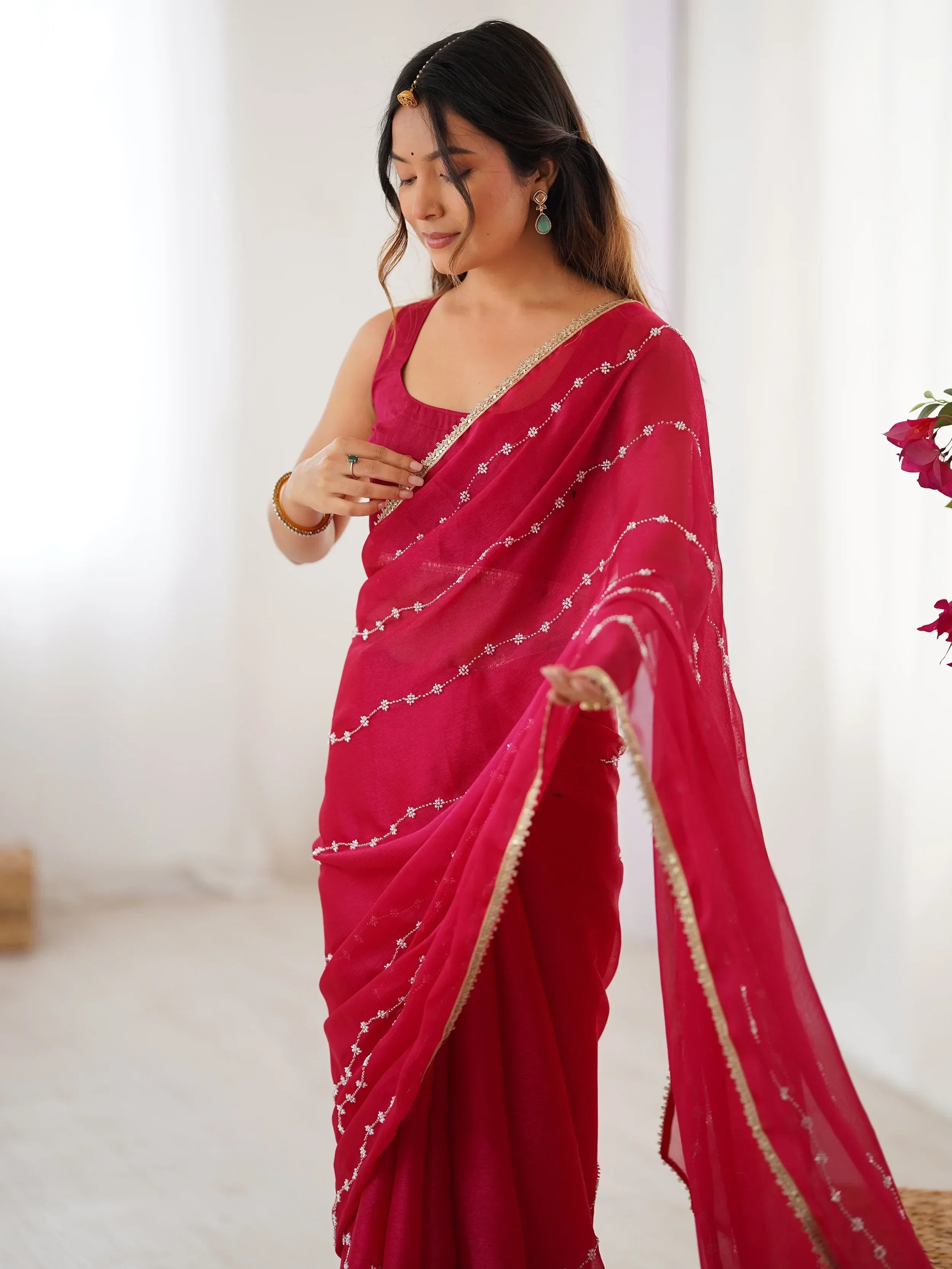 Pink Majestic Chiffon Beads Work Saree With Blouse
