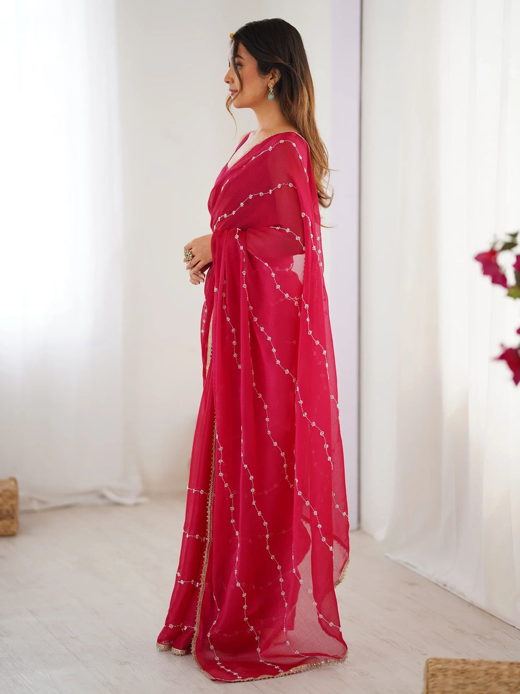 Pink Majestic Chiffon Beads Work Saree With Blouse