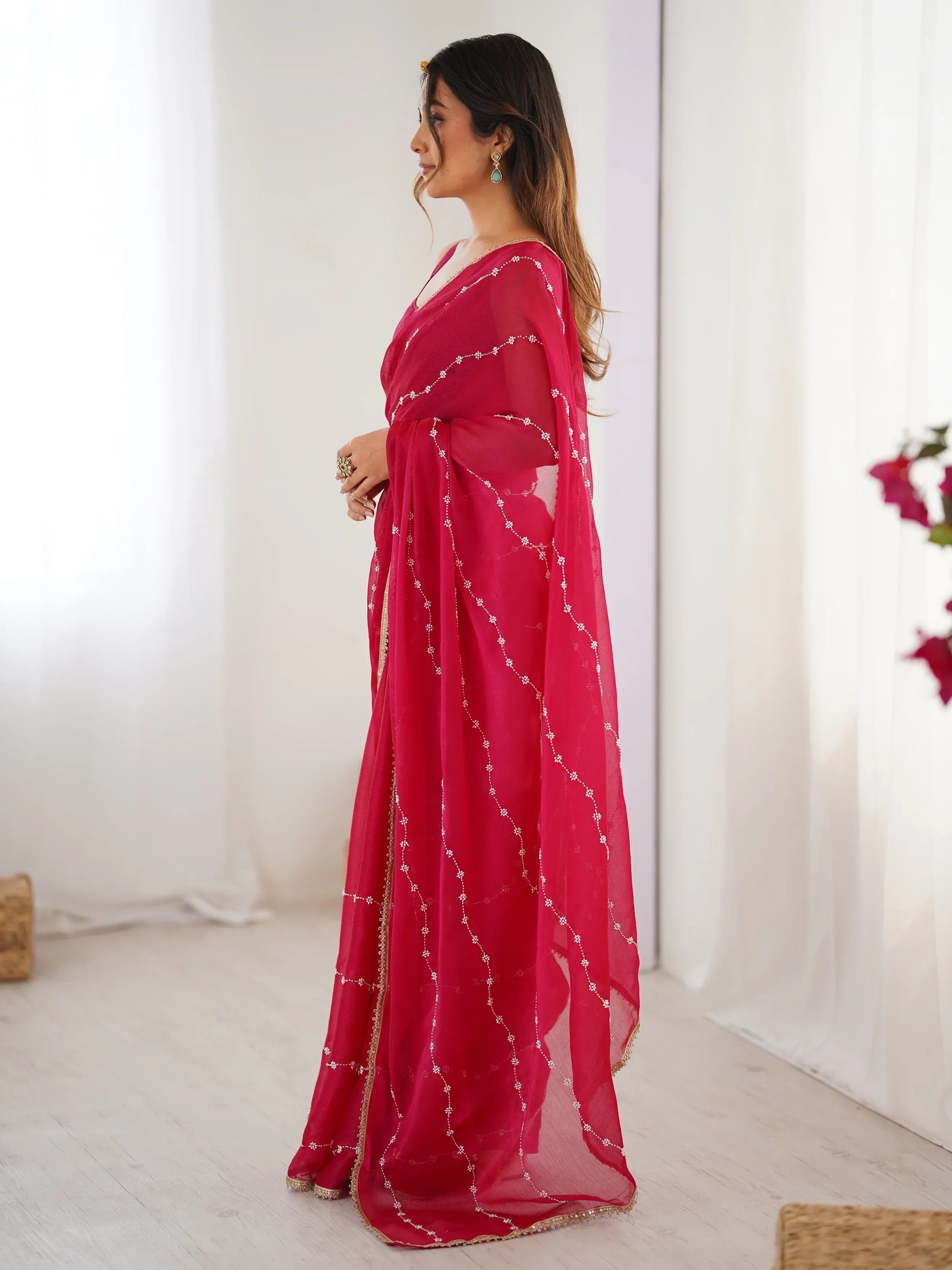 Pink Majestic Chiffon Beads Work Saree With Blouse