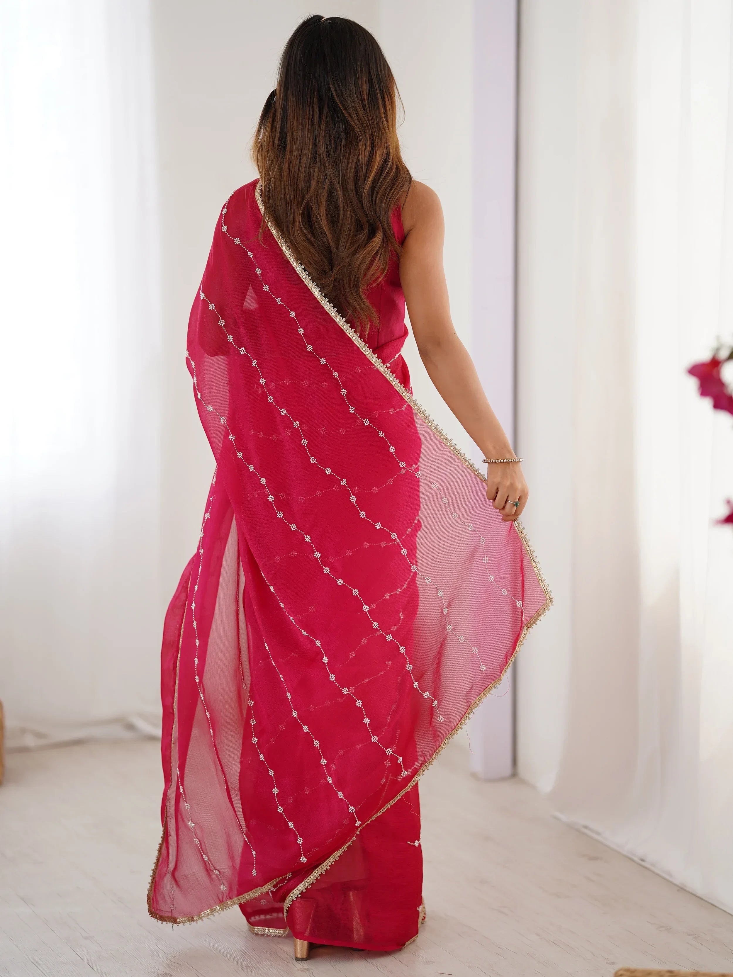 Pink Majestic Chiffon Beads Work Saree With Blouse