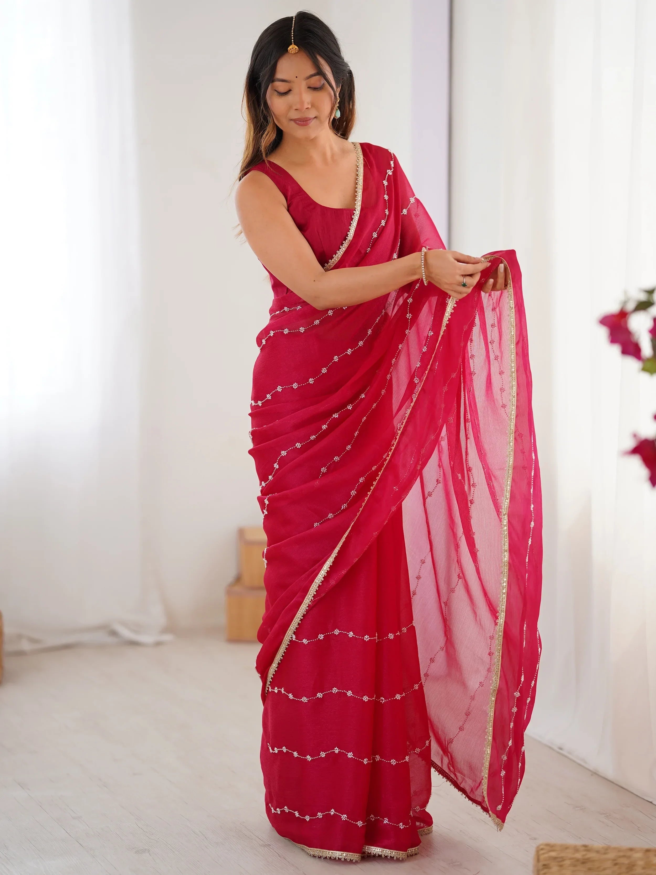 Pink Majestic Chiffon Beads Work Saree With Blouse