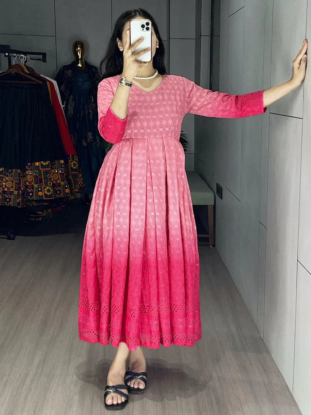 Pink Adorning Shaded Cotton Casual Wear Chikankari Gown