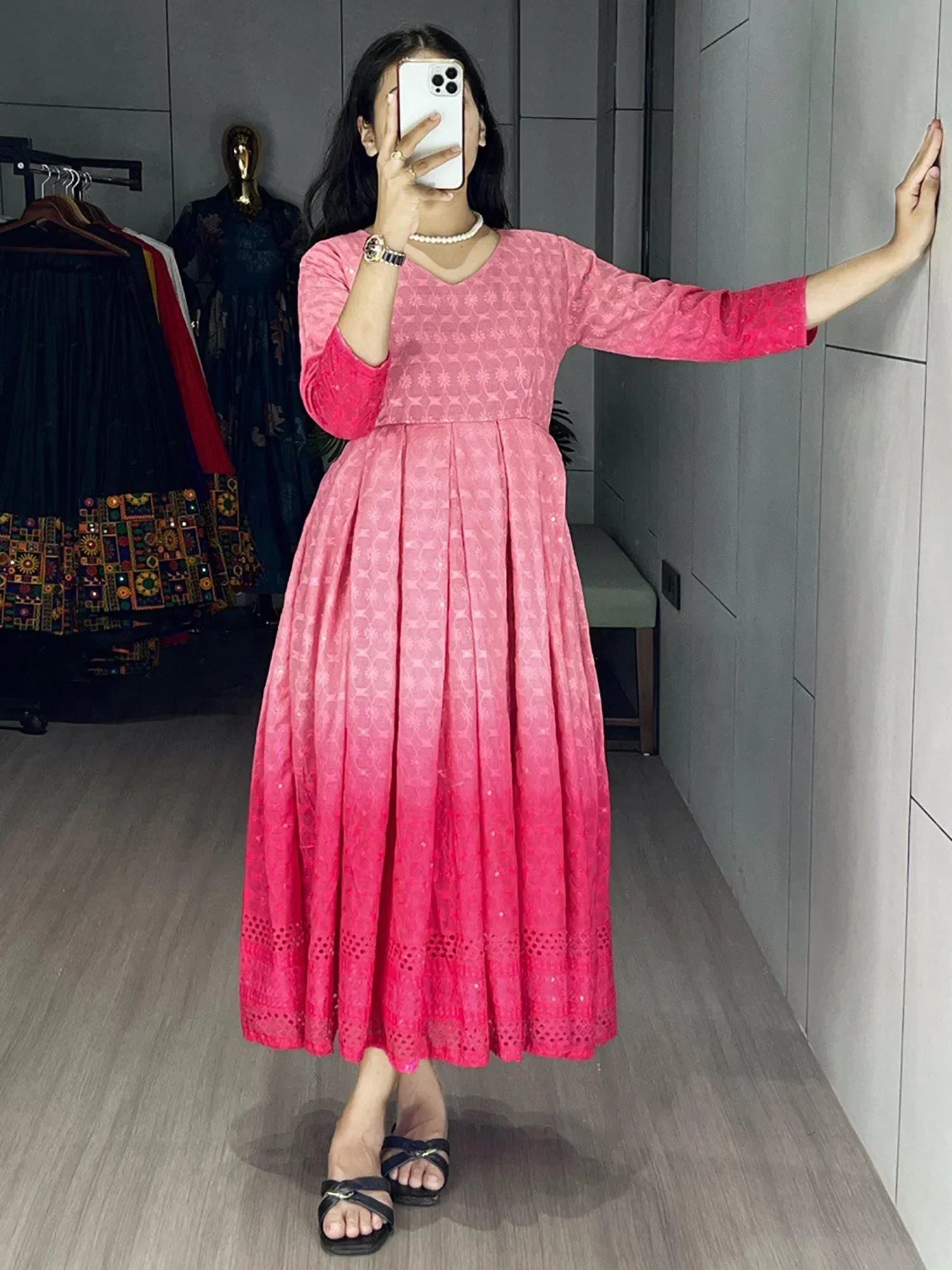 Pink Adorning Shaded Cotton Casual Wear Chikankari Gown