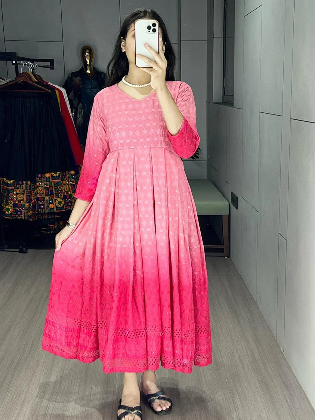 Pink Adorning Shaded Cotton Casual Wear Chikankari Gown