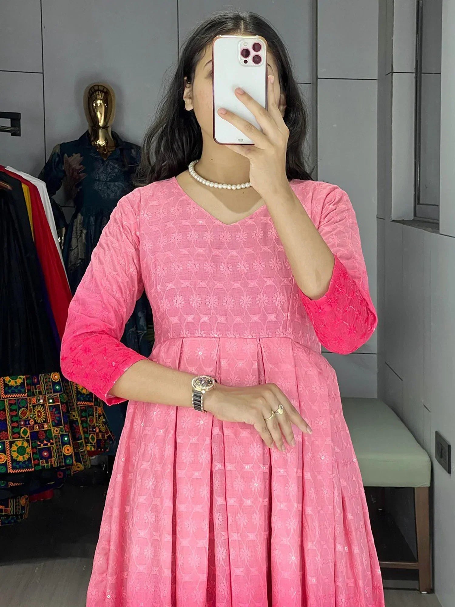 Pink Adorning Shaded Cotton Casual Wear Chikankari Gown