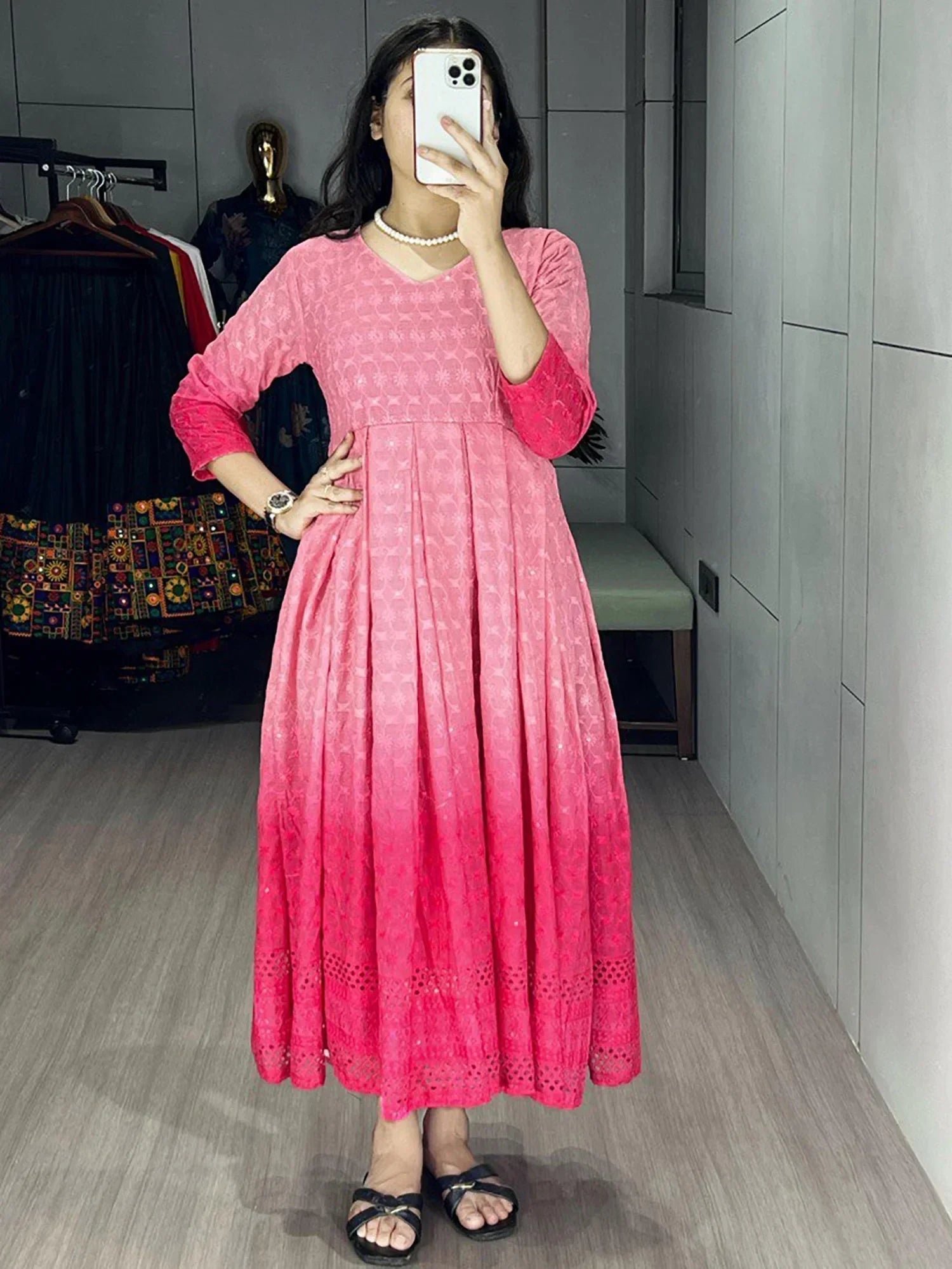 Pink Adorning Shaded Cotton Casual Wear Chikankari Gown