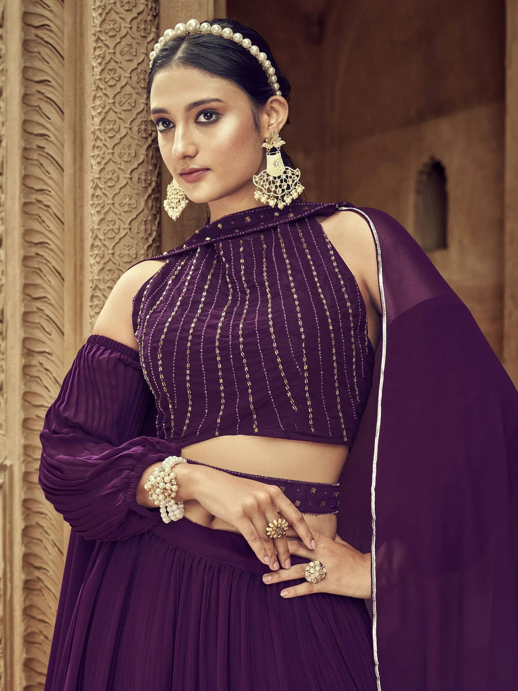 Pretty Purple Hand Work Georgette Function Wear Lehenga Choli