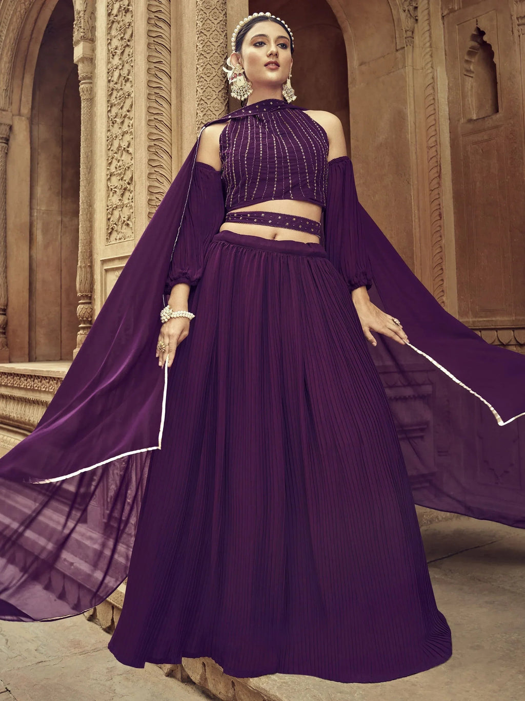 Pretty Purple Hand Work Georgette Function Wear Lehenga Choli