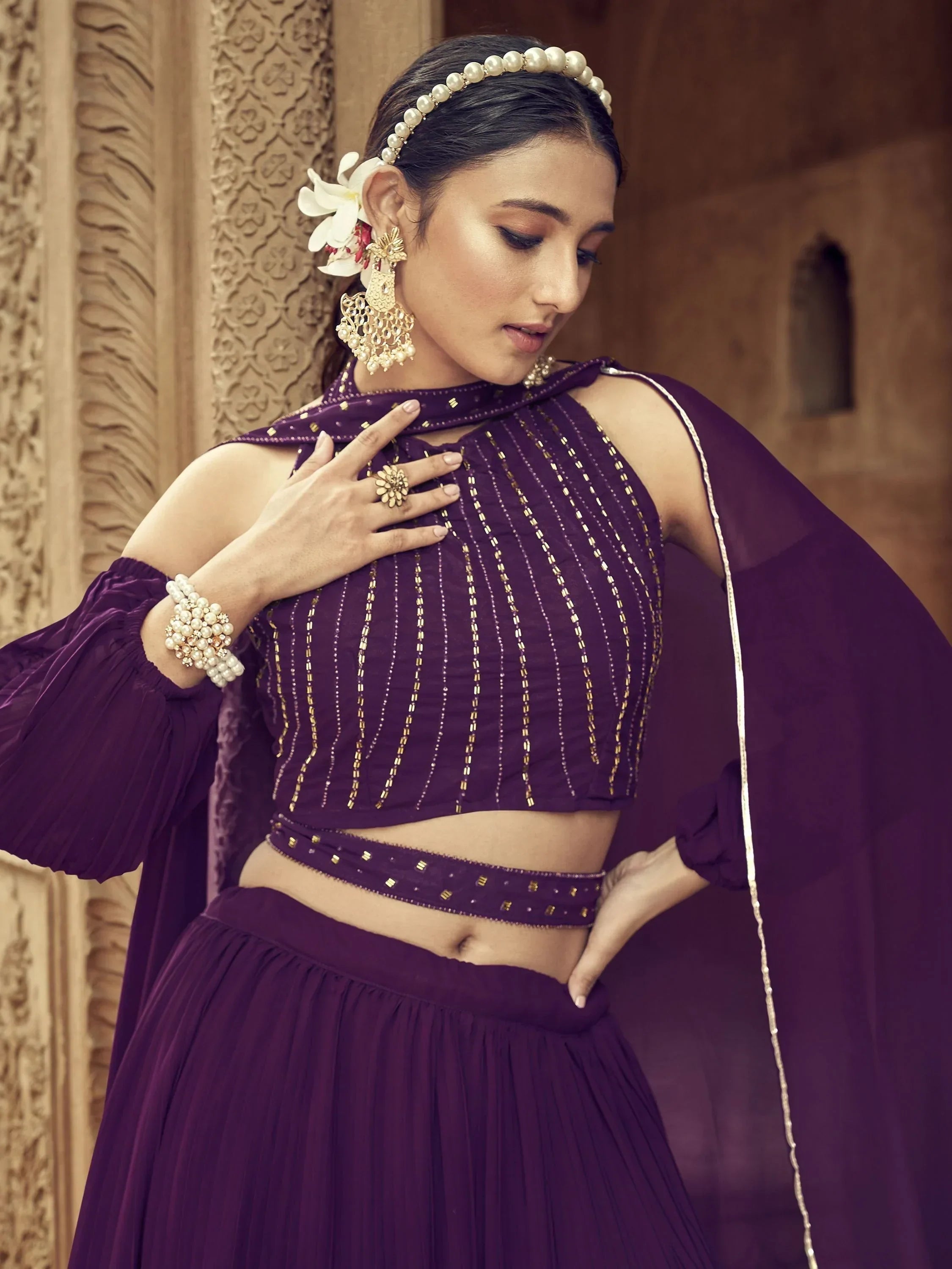 Pretty Purple Hand Work Georgette Function Wear Lehenga Choli
