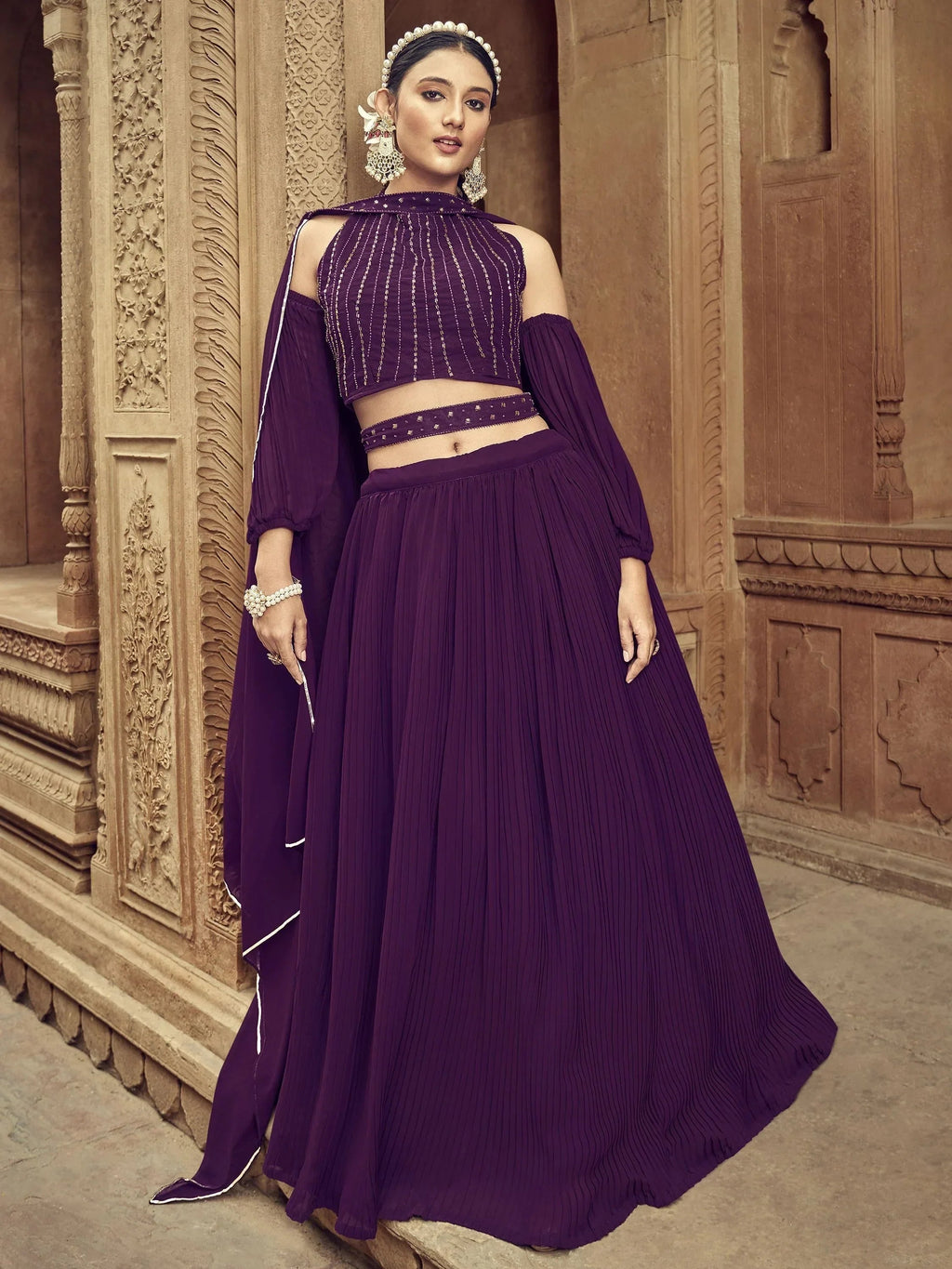 Pretty Purple Hand Work Georgette Function Wear Lehenga Choli