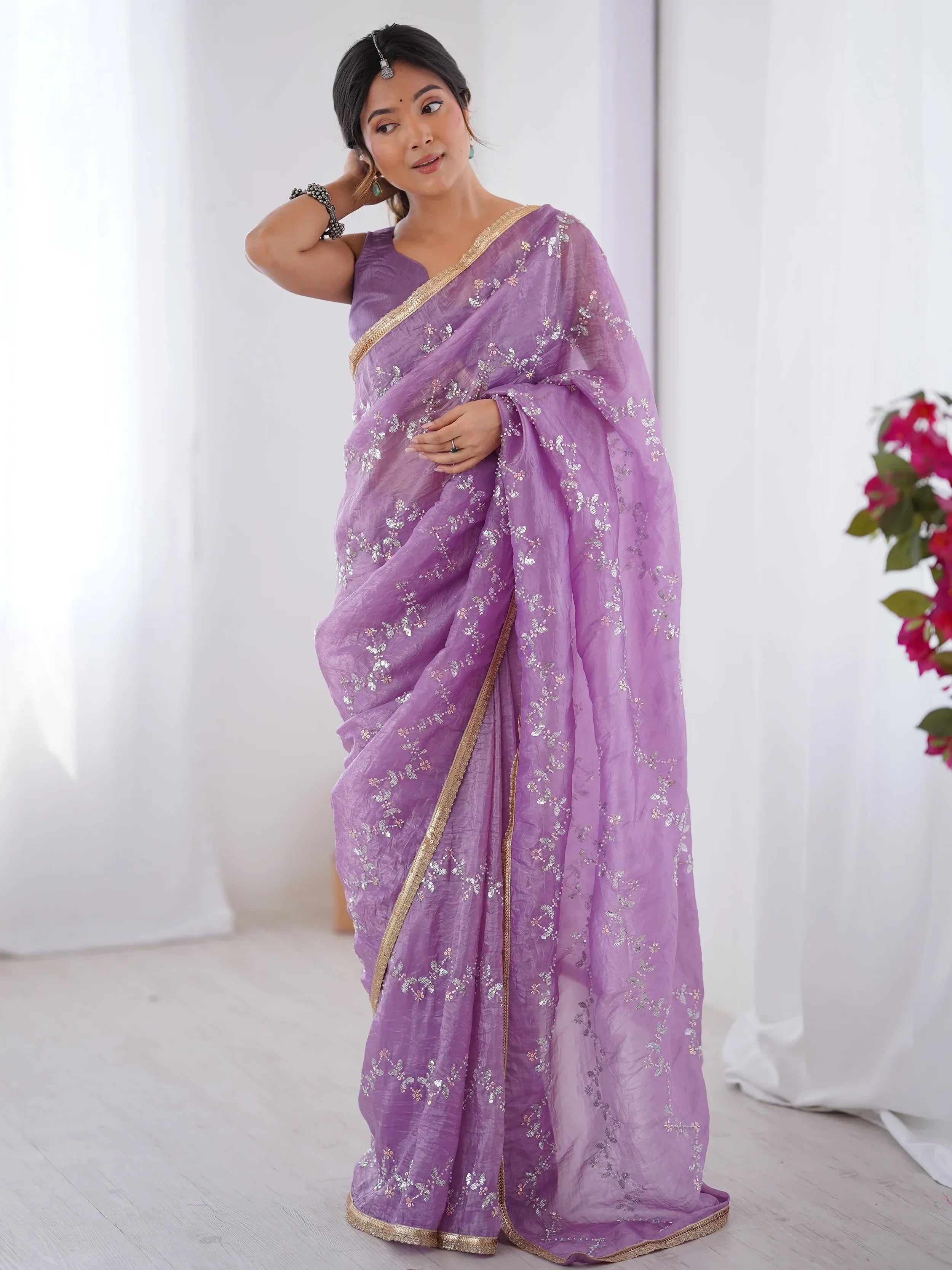 Purple Gorgeous Organza Beads Work Saree With Blouse