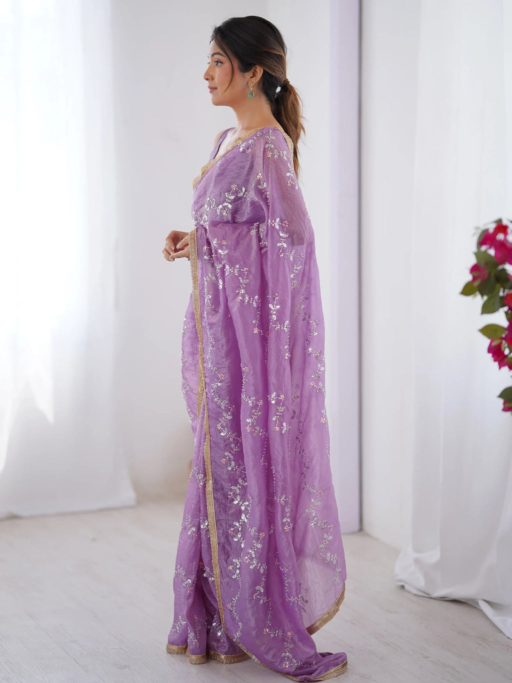Purple Gorgeous Organza Beads Work Saree With Blouse