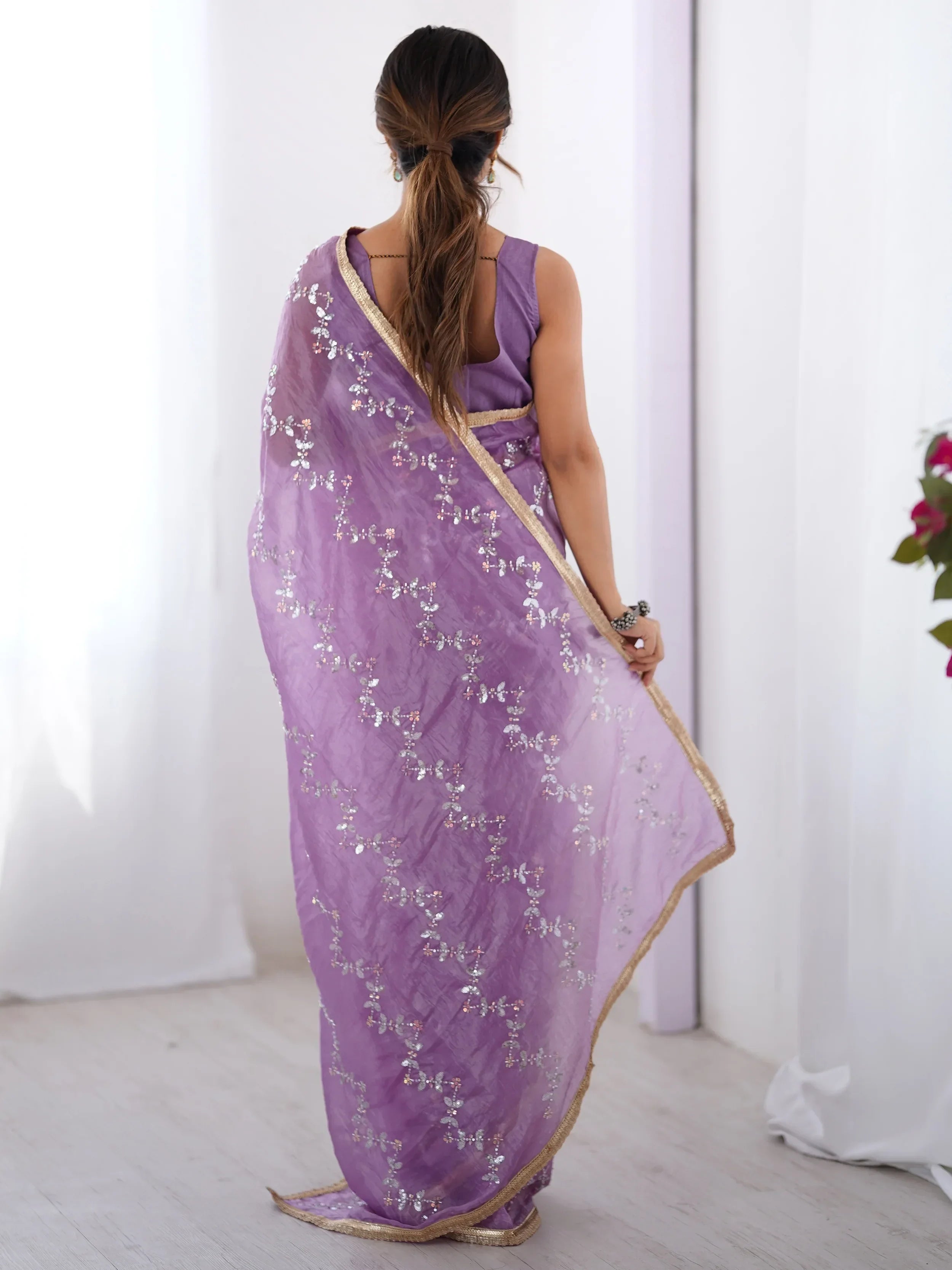Purple Gorgeous Organza Beads Work Saree With Blouse