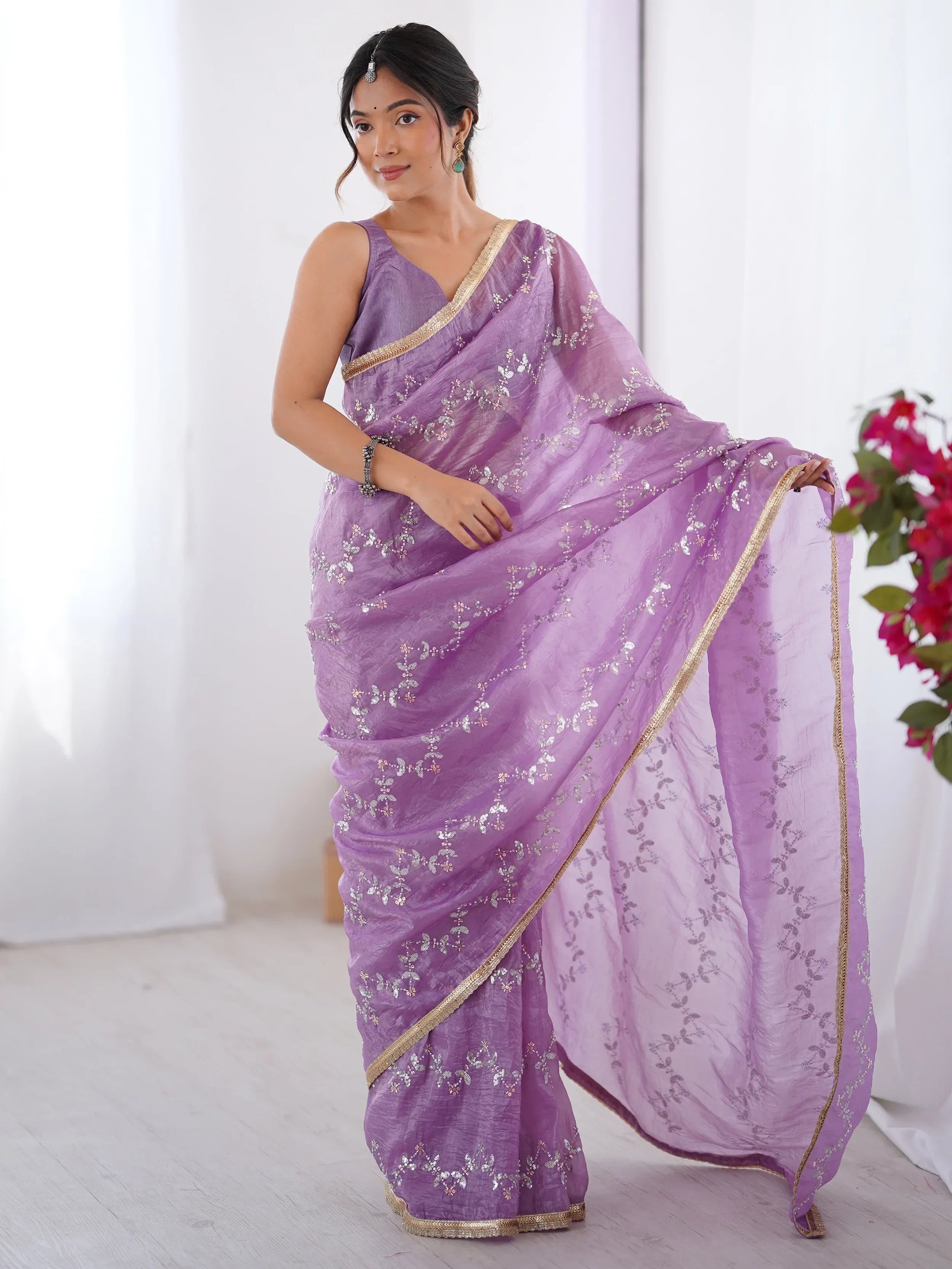 Purple Gorgeous Organza Beads Work Saree With Blouse