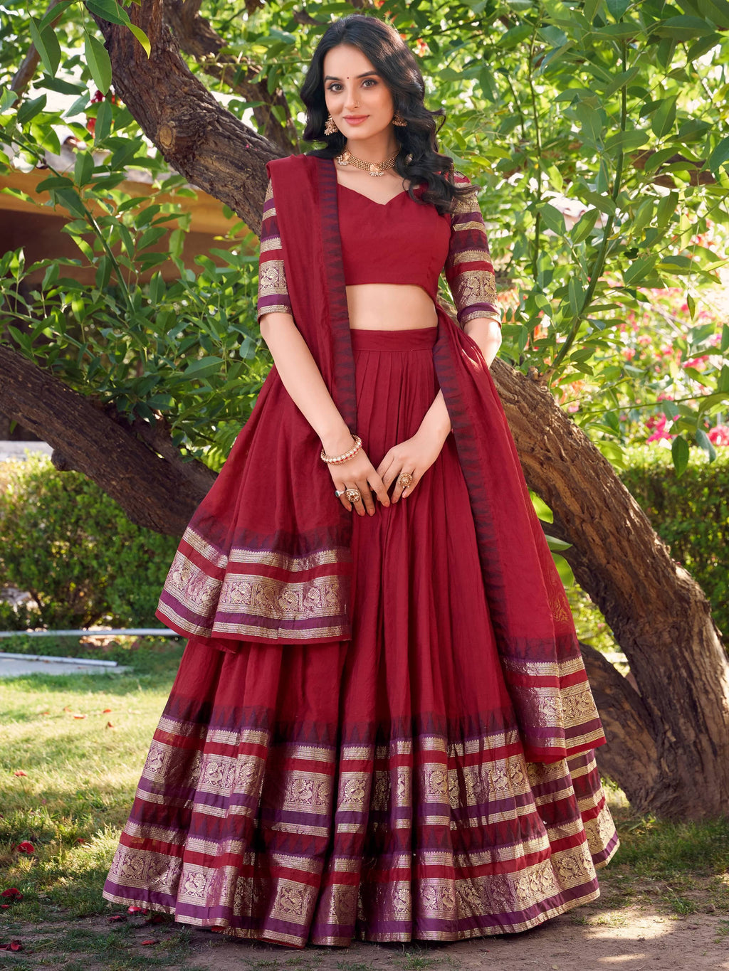 Red Pretty Chanderi Silk Zari Weaving Wedding Wear Lehenga Choli