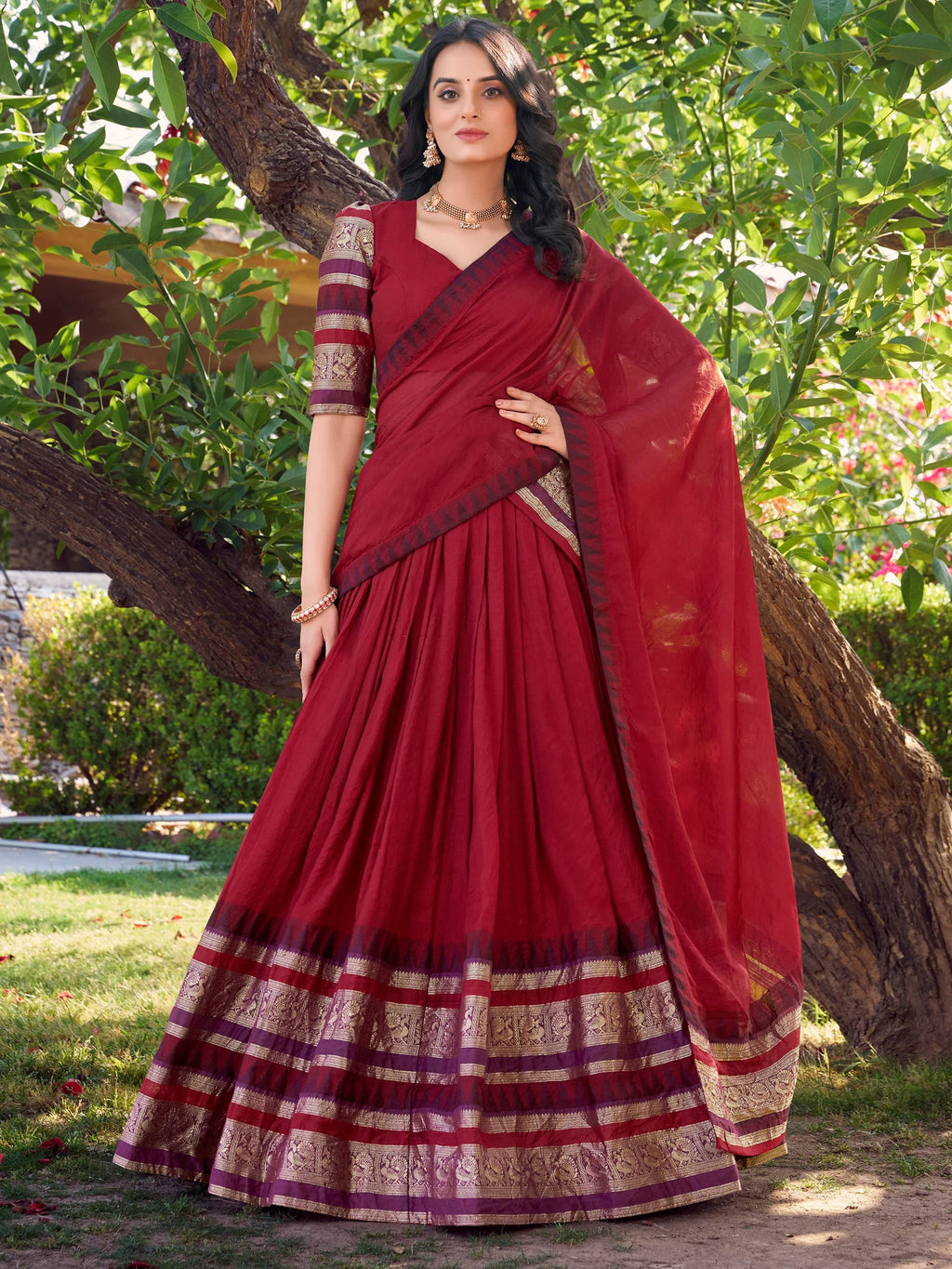 Red Pretty Chanderi Silk Zari Weaving Wedding Wear Lehenga Choli
