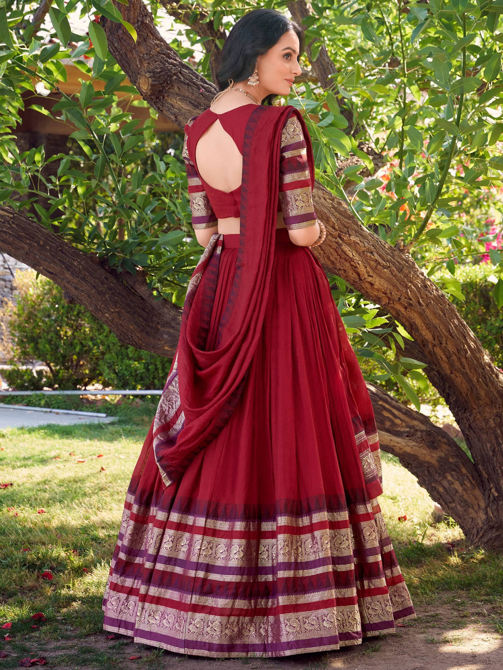 Red Pretty Chanderi Silk Zari Weaving Wedding Wear Lehenga Choli
