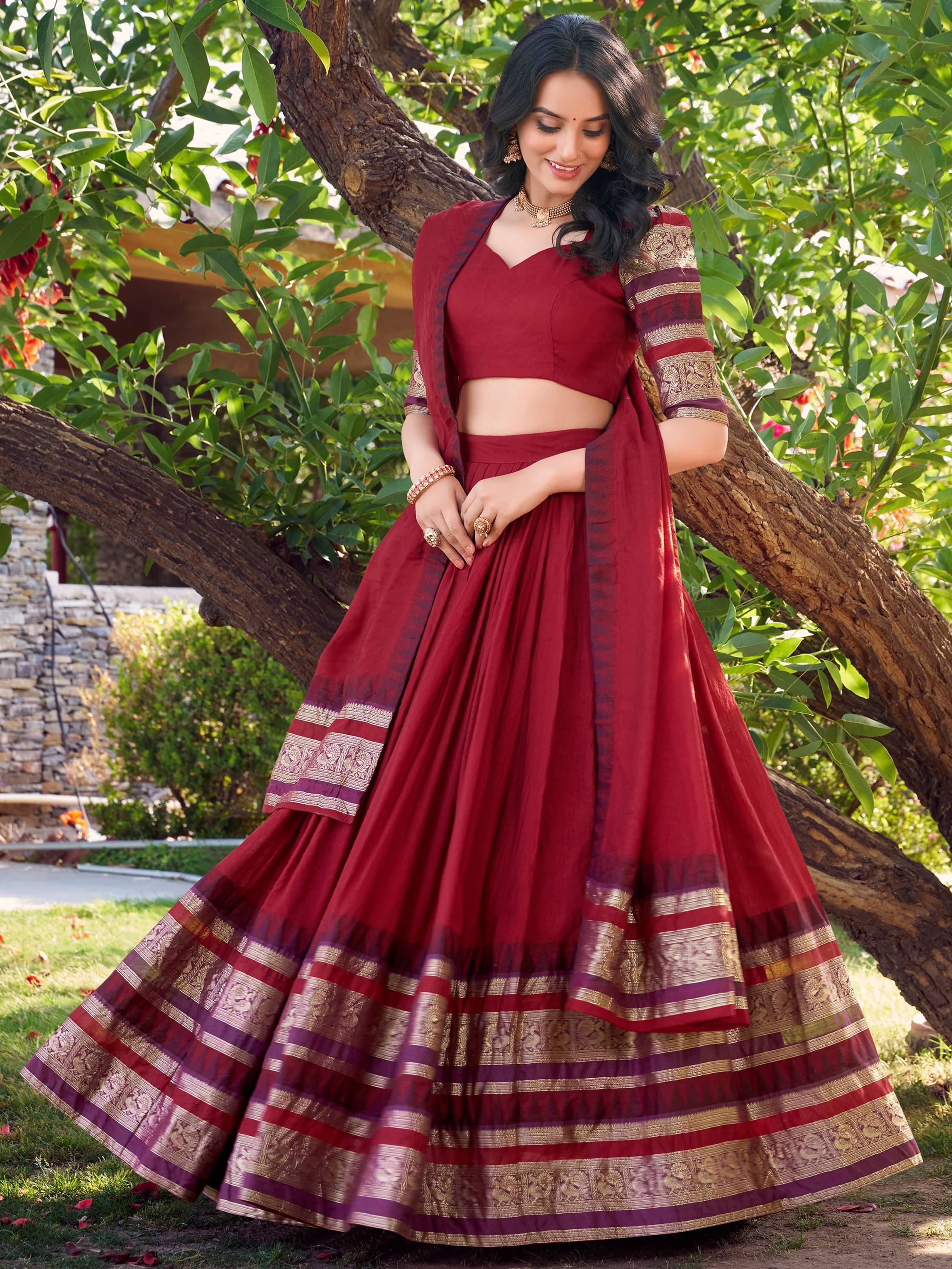 Red Pretty Chanderi Silk Zari Weaving Wedding Wear Lehenga Choli