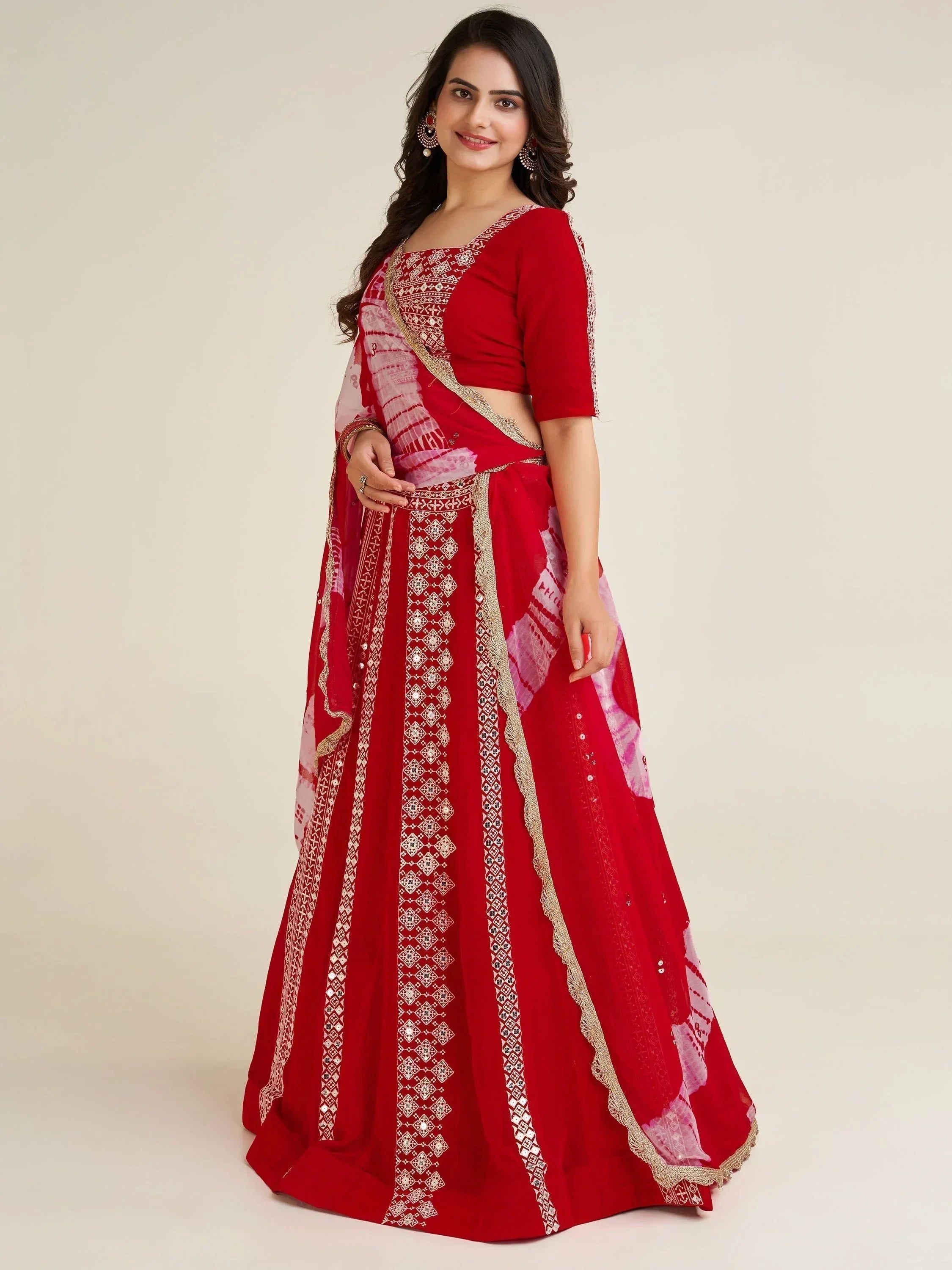 Pretty Red Thread Work Georgette Navratri Wear Lehenga Choli With Dupatta