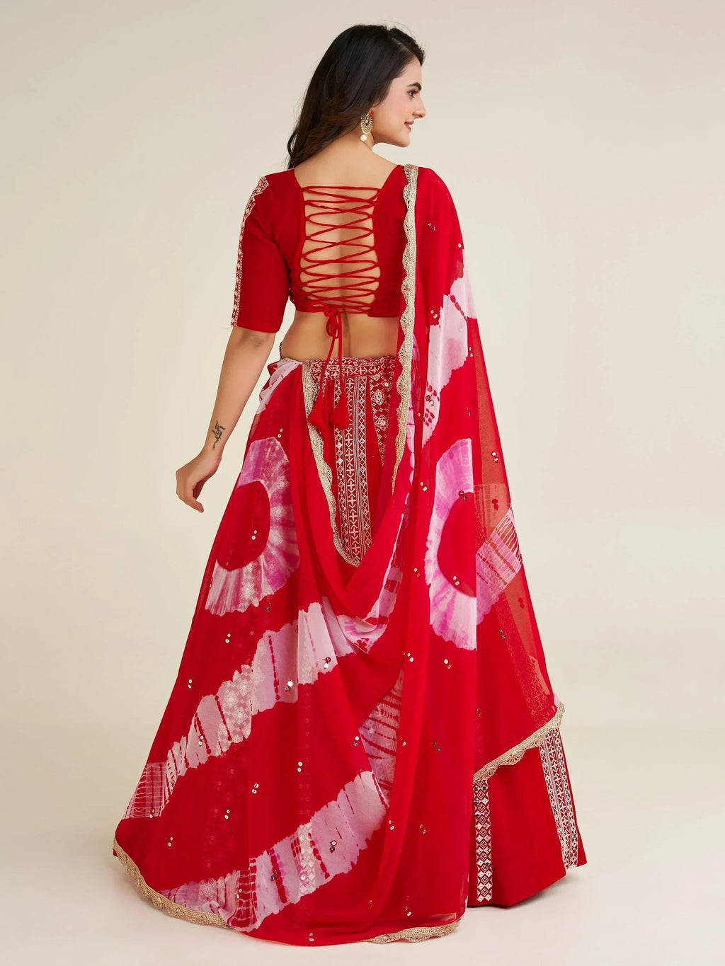 Pretty Red Thread Work Georgette Navratri Wear Lehenga Choli With Dupatta