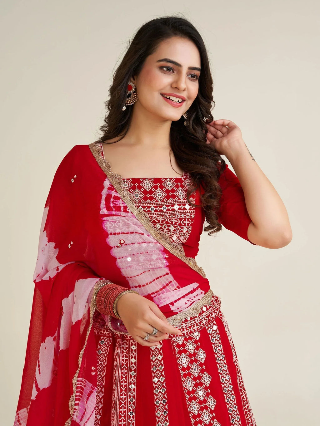 Pretty Red Thread Work Georgette Navratri Wear Lehenga Choli With Dupatta