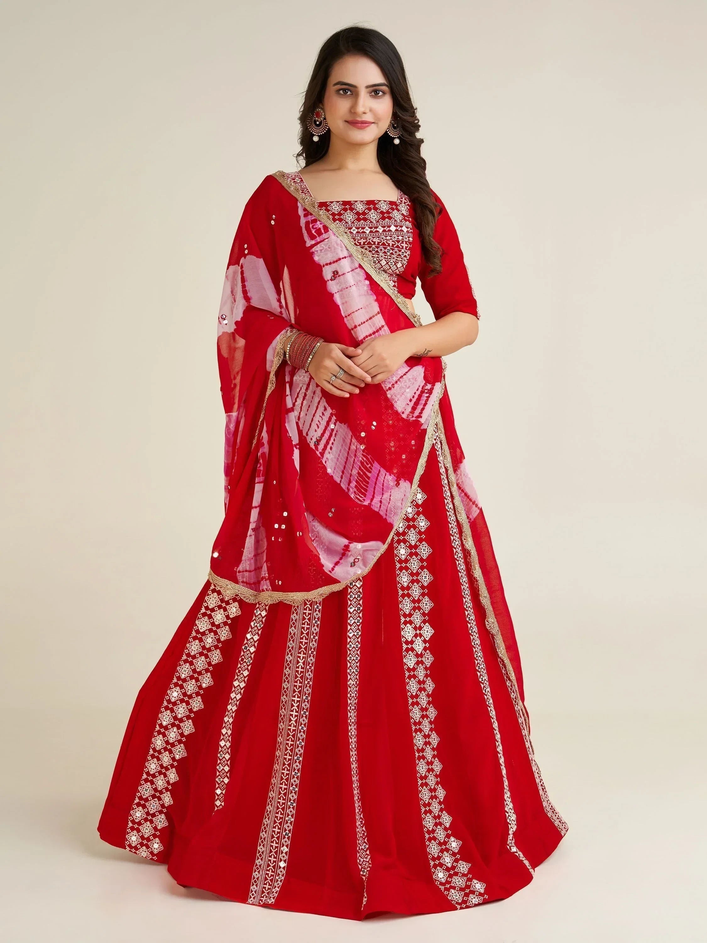 Pretty Red Thread Work Georgette Navratri Wear Lehenga Choli With Dupatta