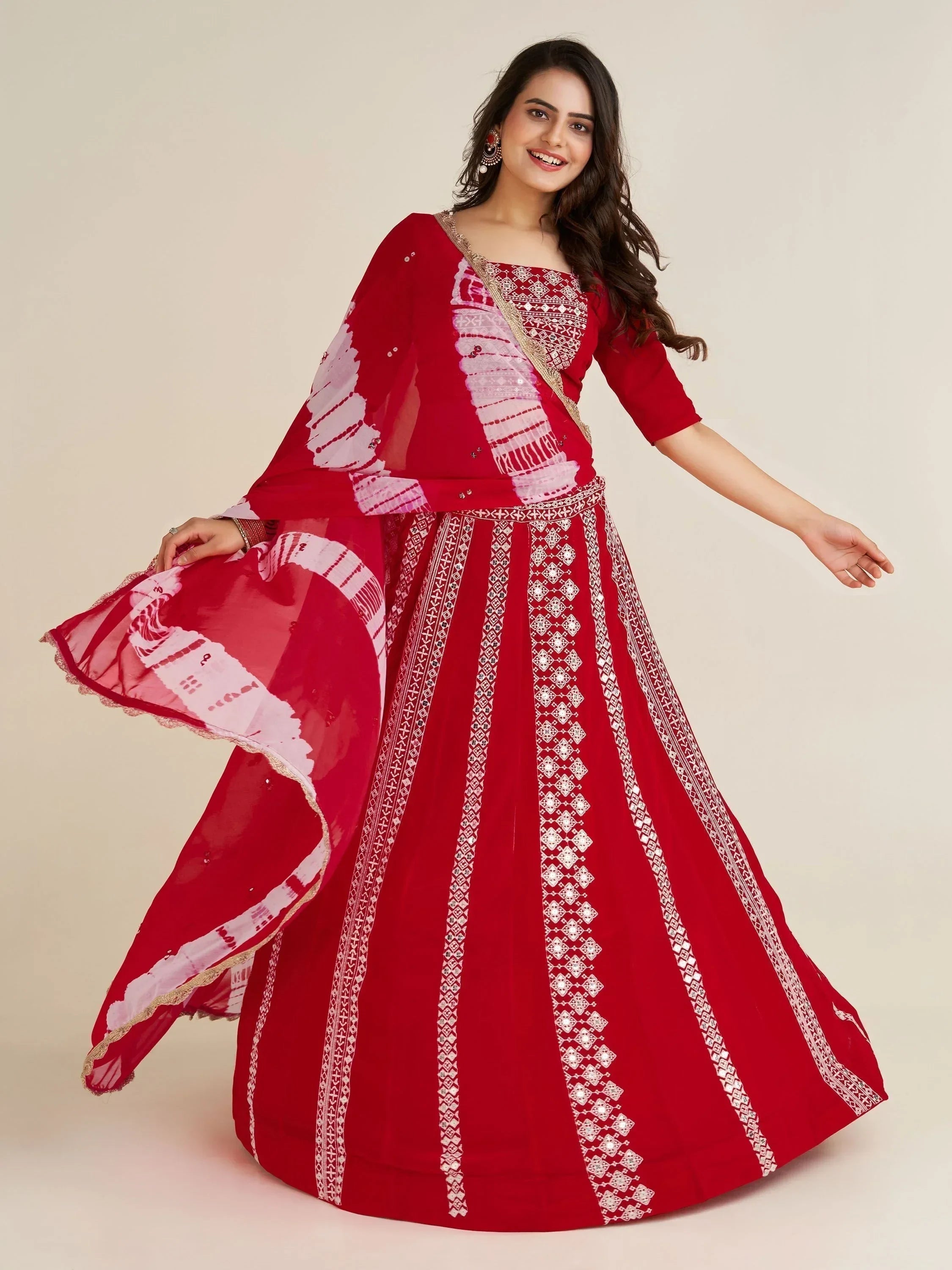 Pretty Red Thread Work Georgette Navratri Wear Lehenga Choli With Dupatta