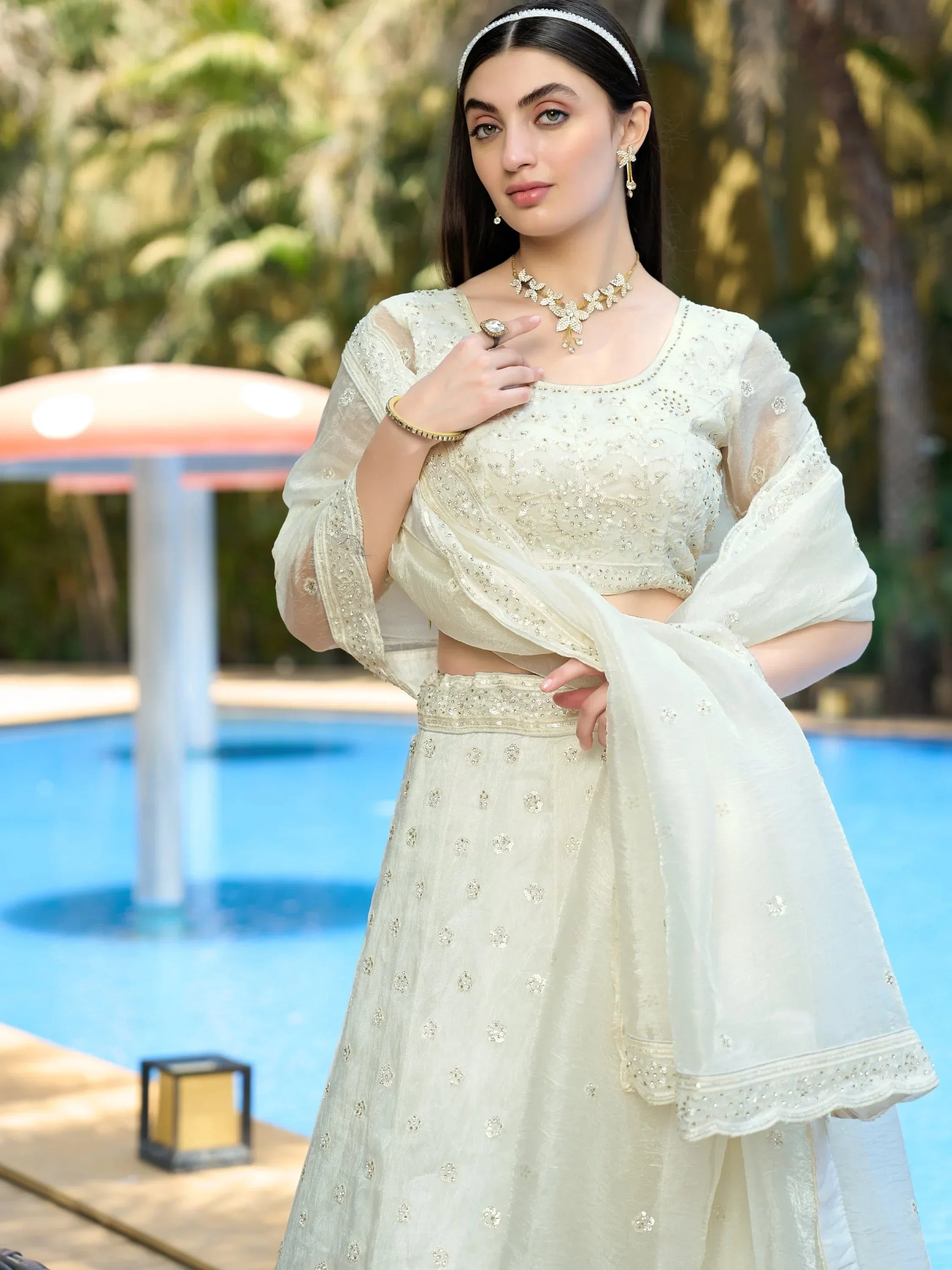 Pretty White Thread Embroidery Organza Bridesmaid Lehenga Choli