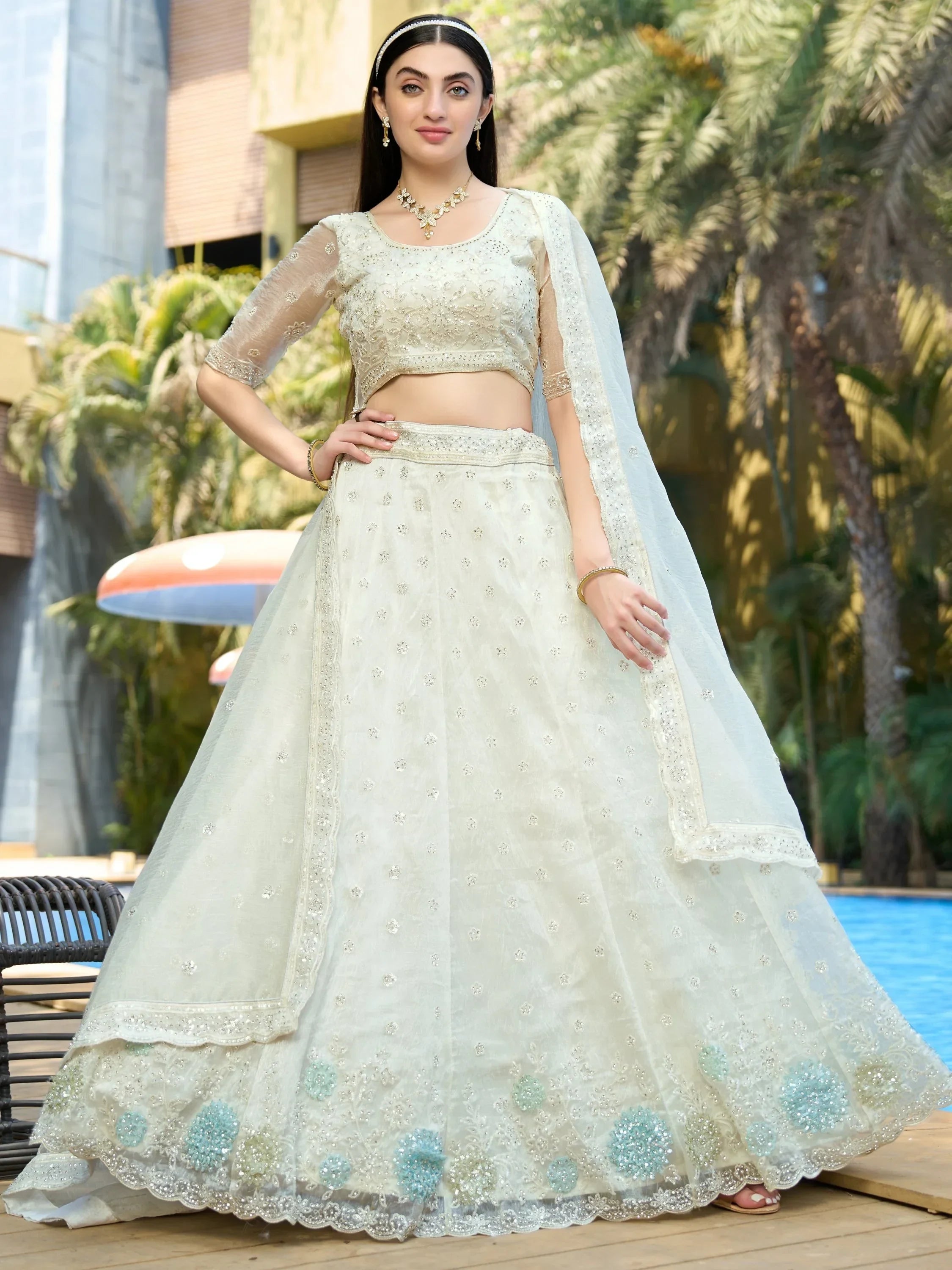 Pretty White Thread Embroidery Organza Bridesmaid Lehenga Choli