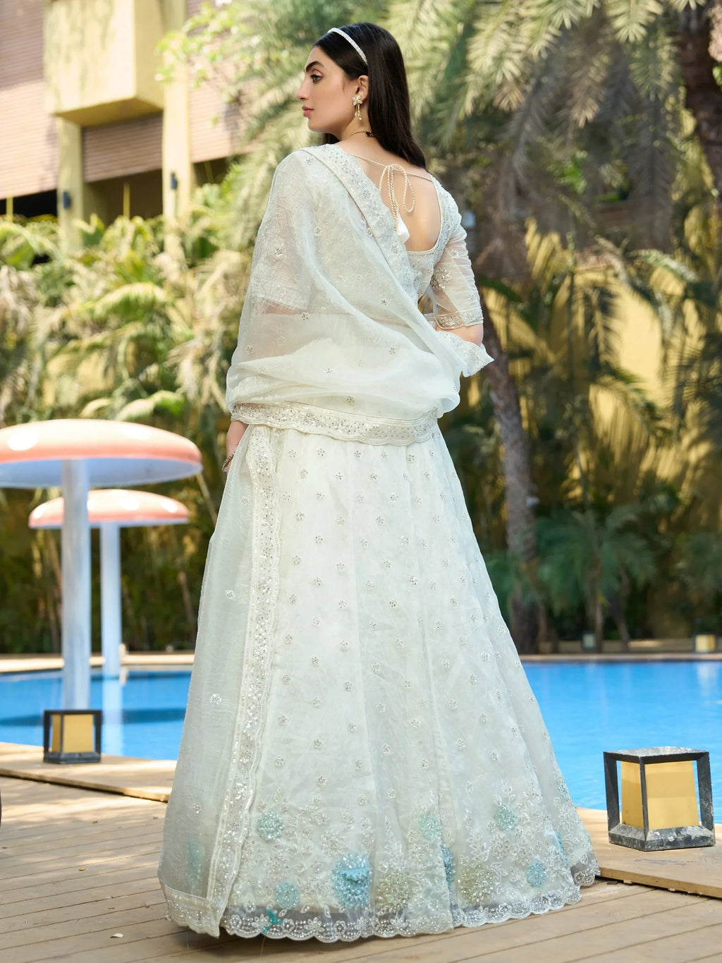 Pretty White Thread Embroidery Organza Bridesmaid Lehenga Choli