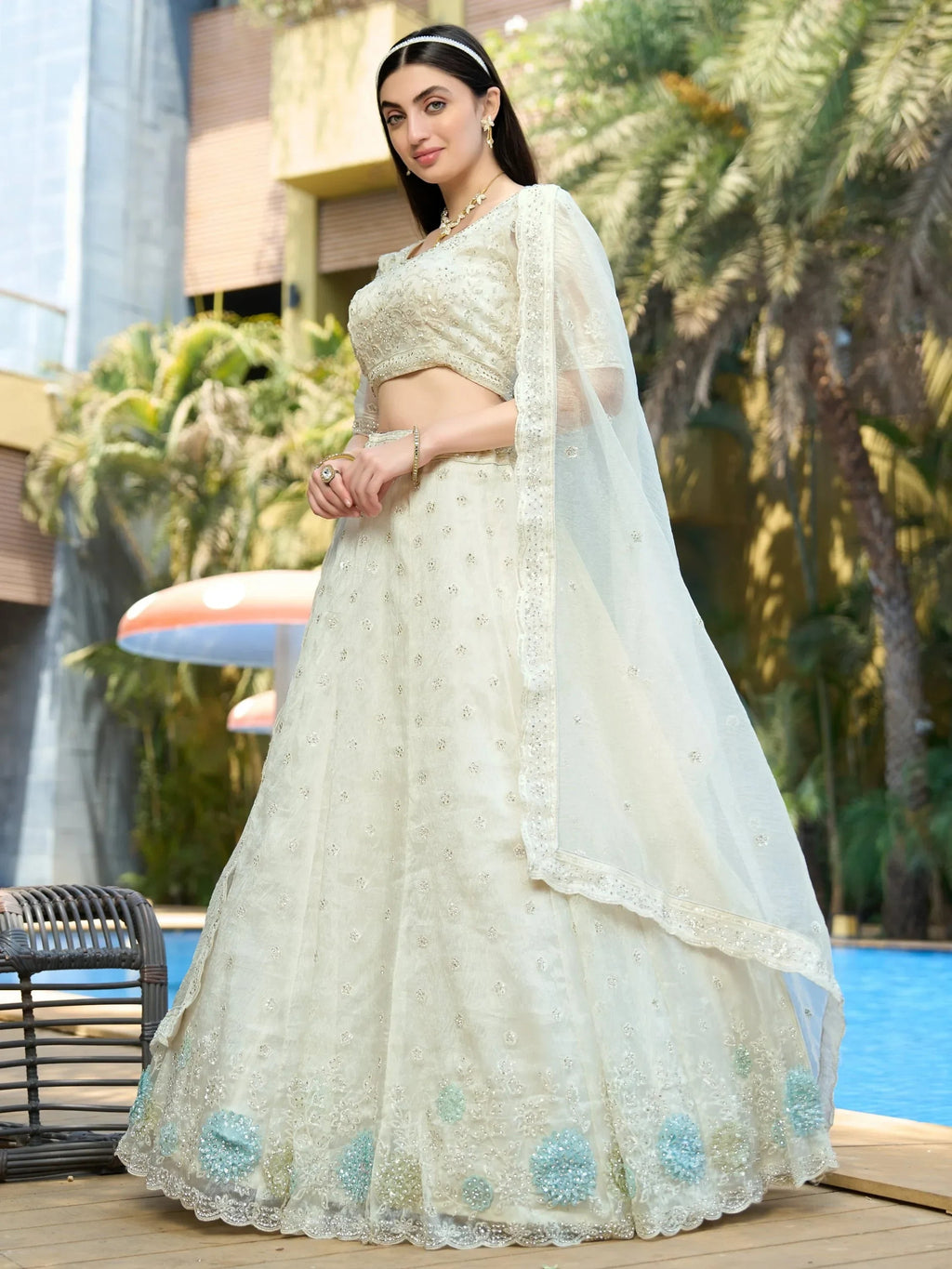 Pretty White Thread Embroidery Organza Bridesmaid Lehenga Choli