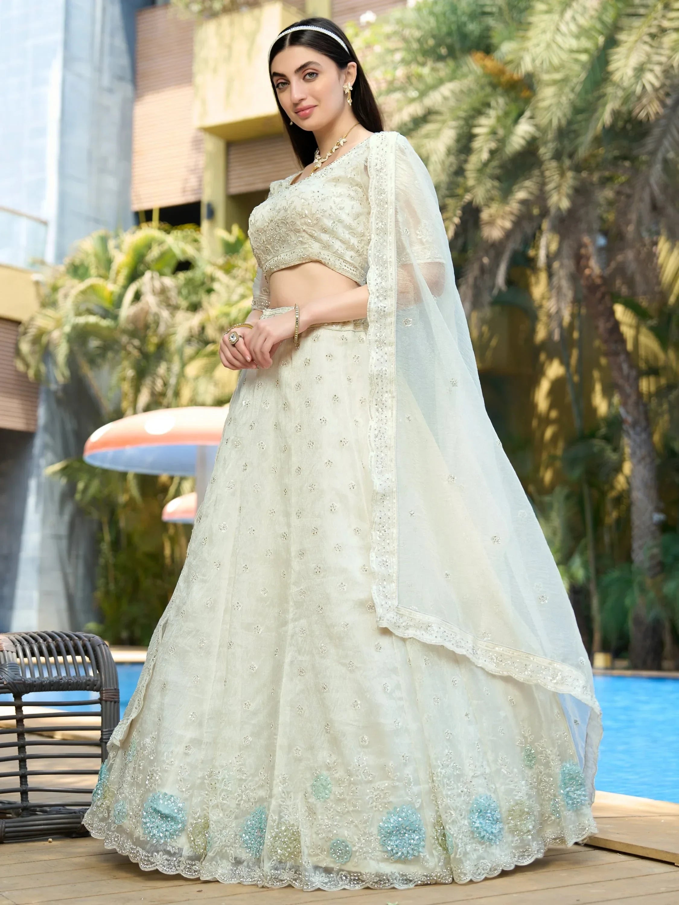 Pretty White Thread Embroidery Organza Bridesmaid Lehenga Choli