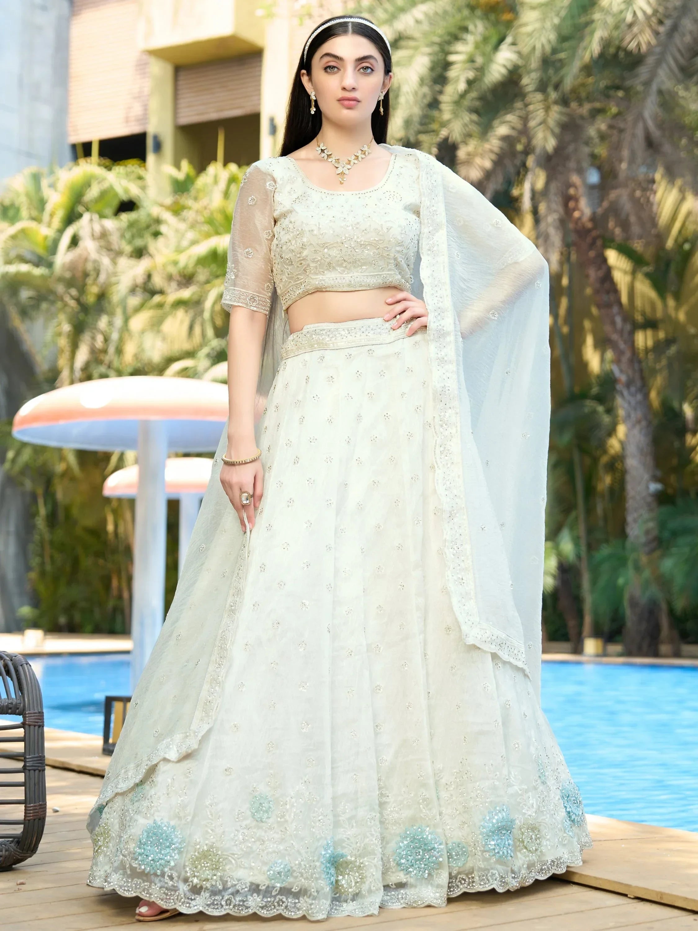 Pretty White Thread Embroidery Organza Bridesmaid Lehenga Choli