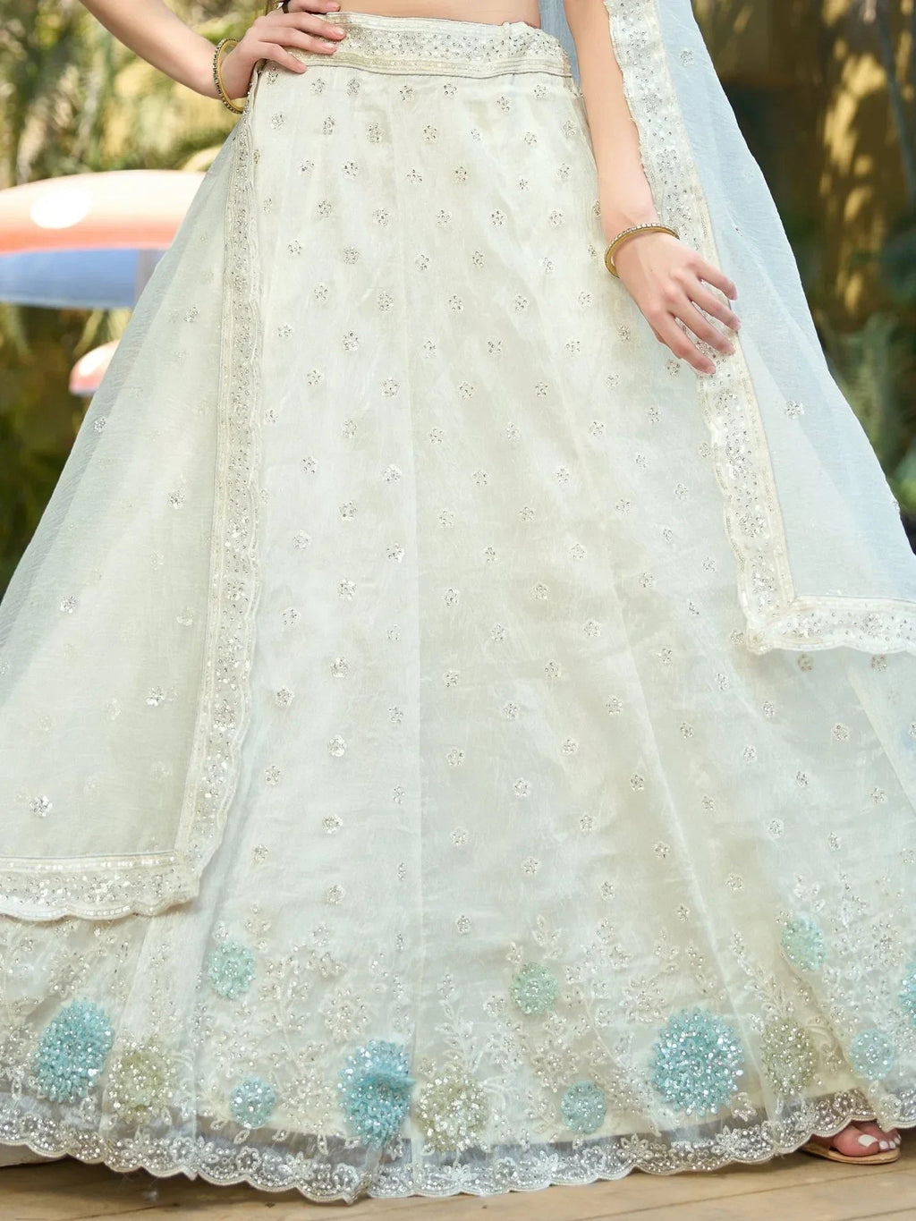 Pretty White Thread Embroidery Organza Bridesmaid Lehenga Choli