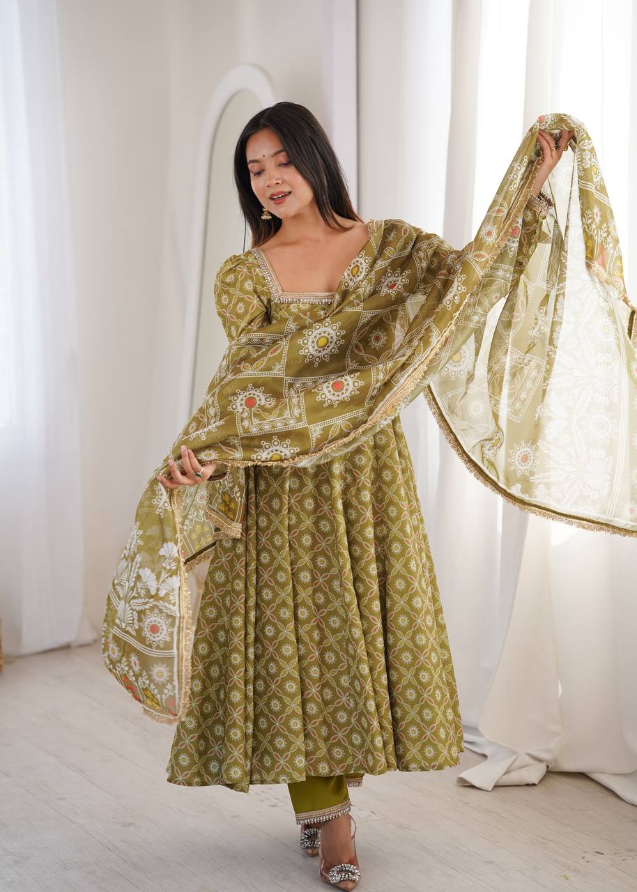 Printed Maslin Gown with Mirror Lace Work and Organza Dupatta