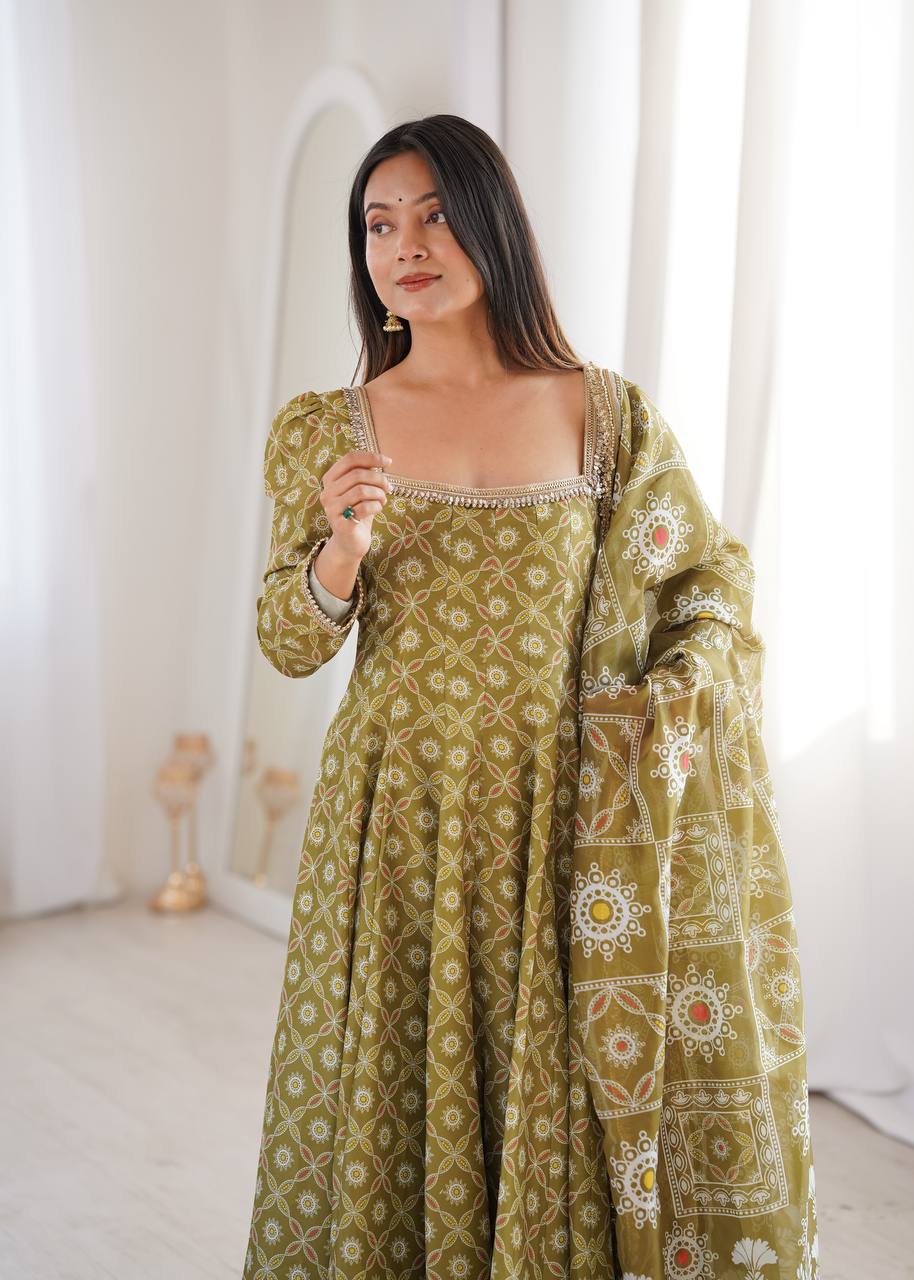 Printed Maslin Gown with Mirror Lace Work and Organza Dupatta