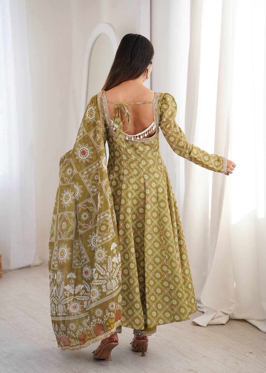Printed Maslin Gown with Mirror Lace Work and Organza Dupatta