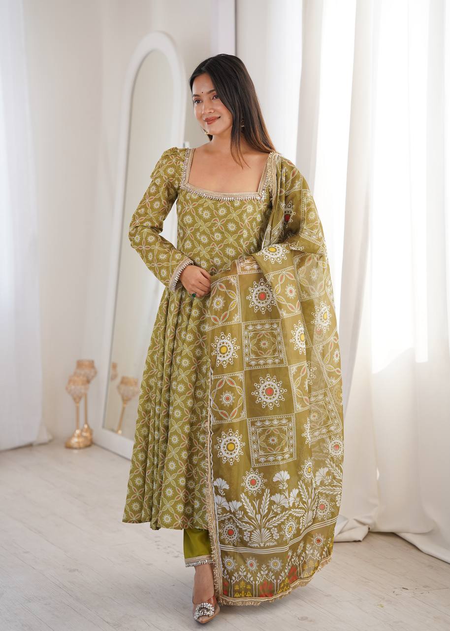 Printed Maslin Gown with Mirror Lace Work and Organza Dupatta
