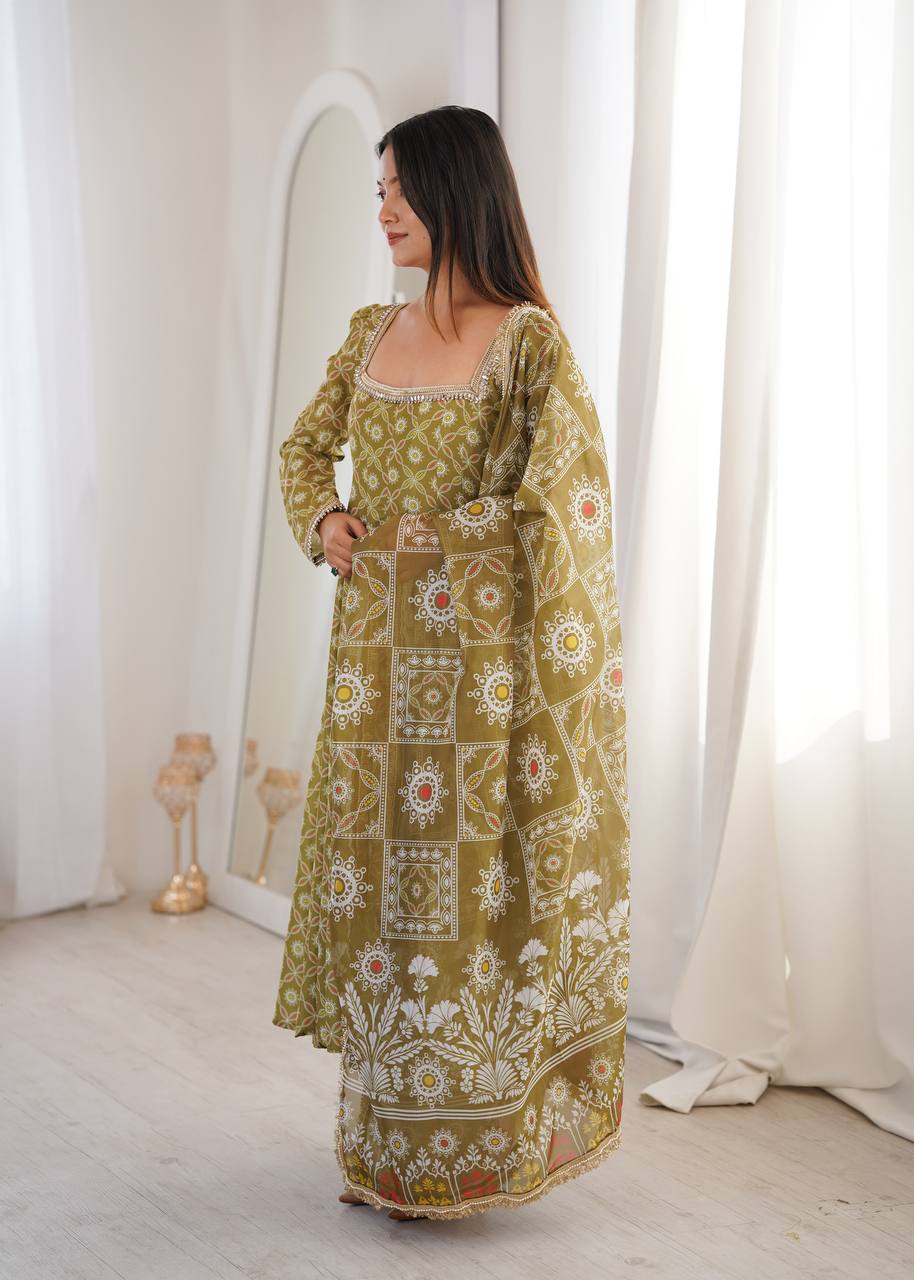 Printed Maslin Gown with Mirror Lace Work and Organza Dupatta