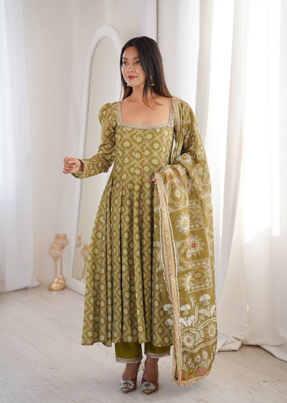 Printed Maslin Gown with Mirror Lace Work and Organza Dupatta