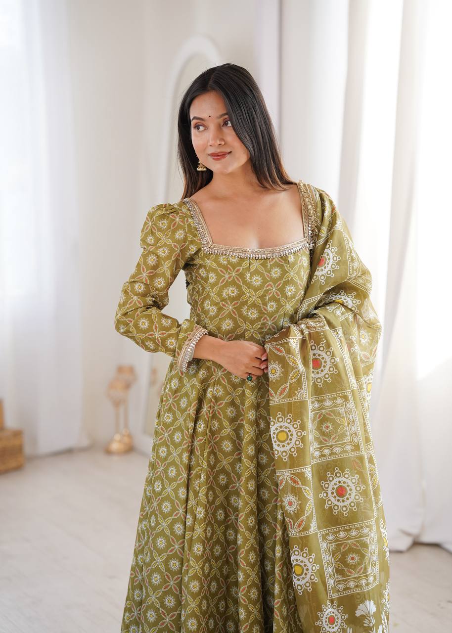 Printed Maslin Gown with Mirror Lace Work and Organza Dupatta