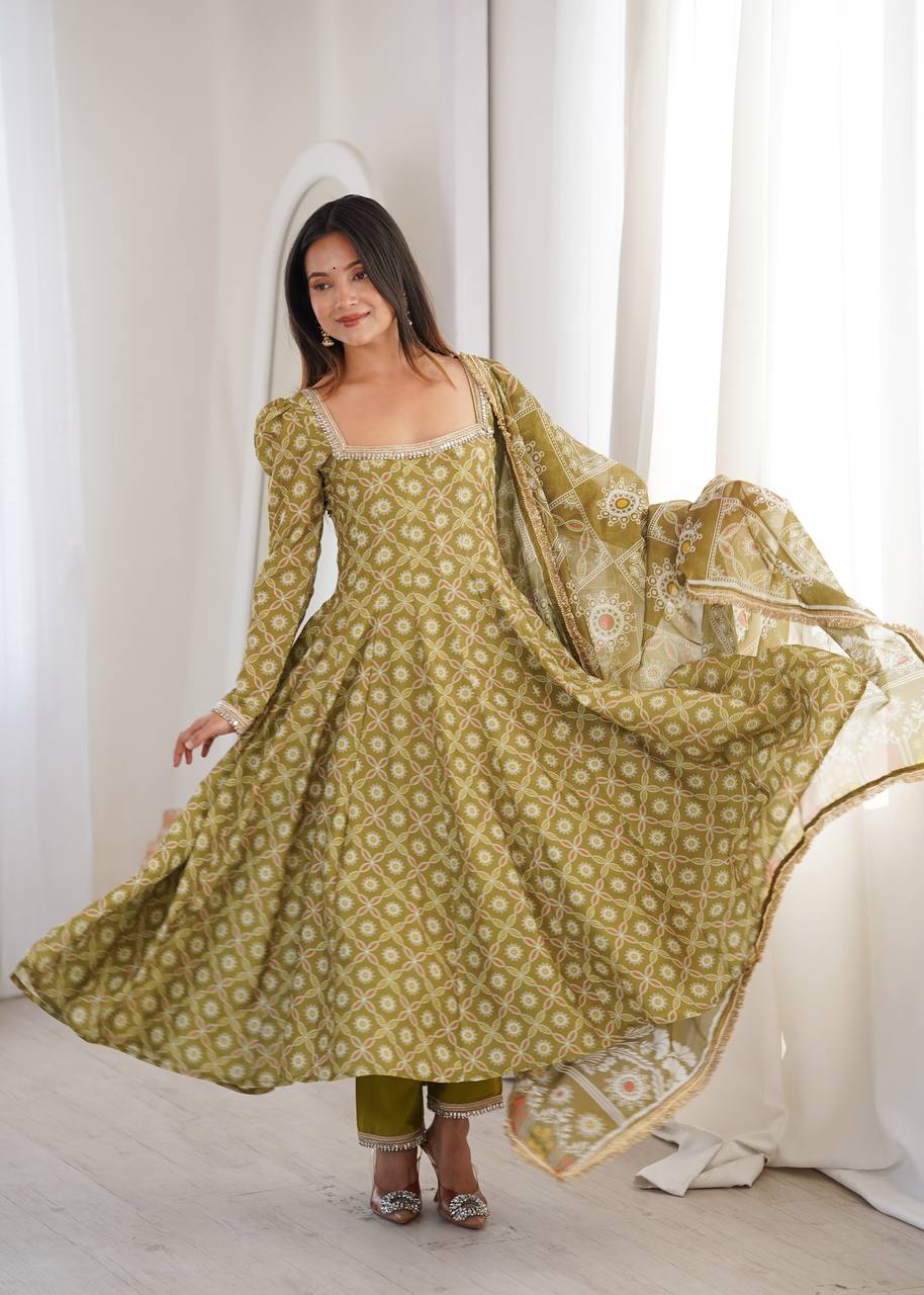 Printed Maslin Gown with Mirror Lace Work and Organza Dupatta