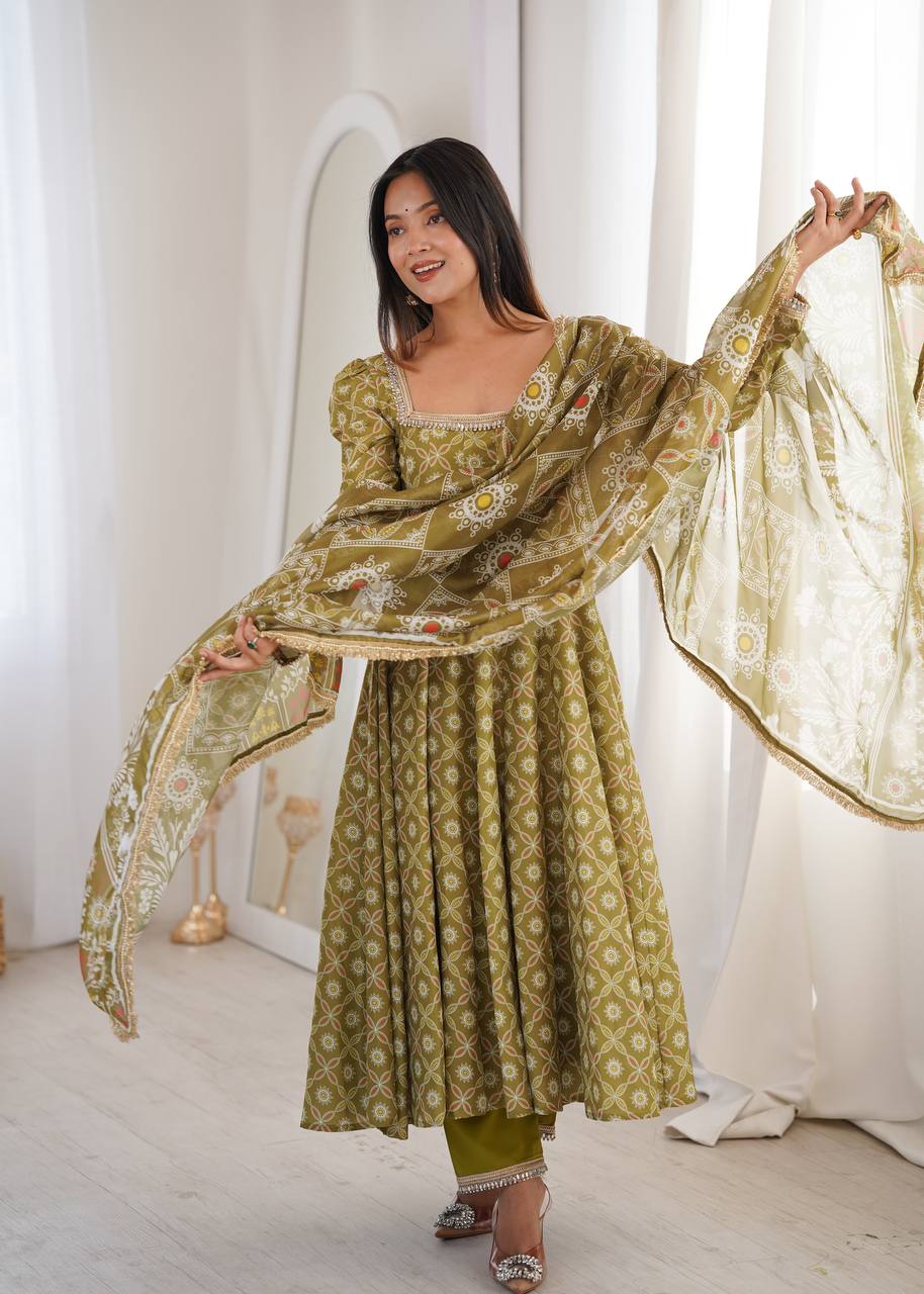 Printed Maslin Gown with Mirror Lace Work and Organza Dupatta