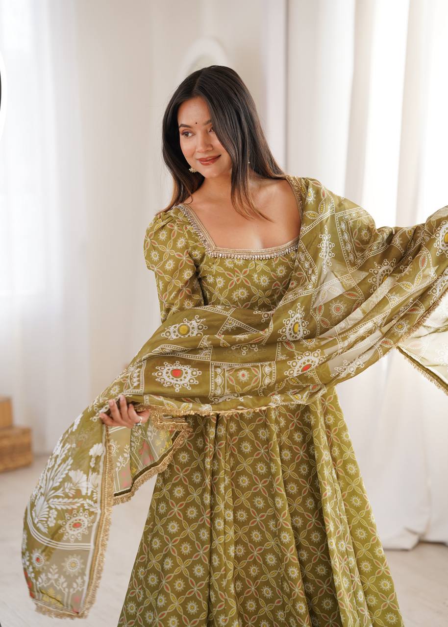 Printed Maslin Gown with Mirror Lace Work and Organza Dupatta