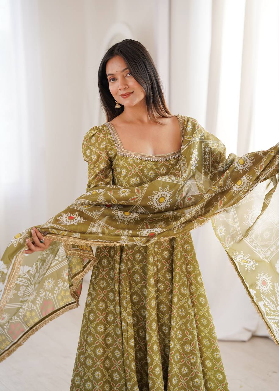 Printed Maslin Gown with Mirror Lace Work and Organza Dupatta